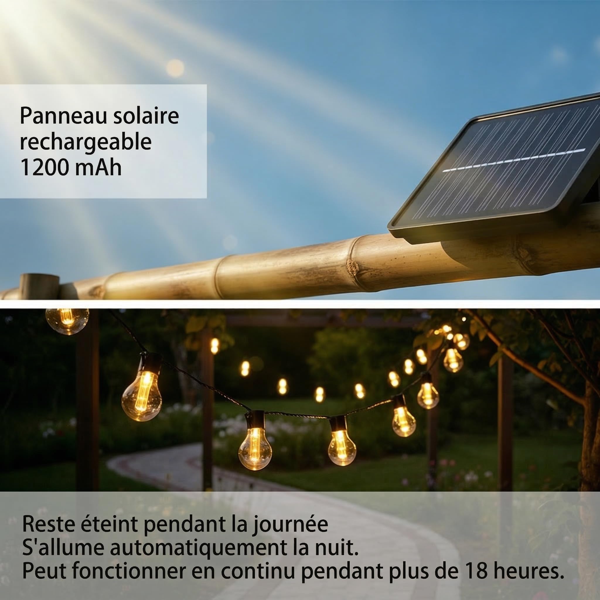 Guirlande Lumineuse Extérieure Solaire, 9M 20 LED Guirlande Guinguette Solaire et Rechargeable USB, 8 Modes Étanche Éclairage d'Ambiance pour Jardin, Balcon, Terrasse, Fête (Blanc Chaud)