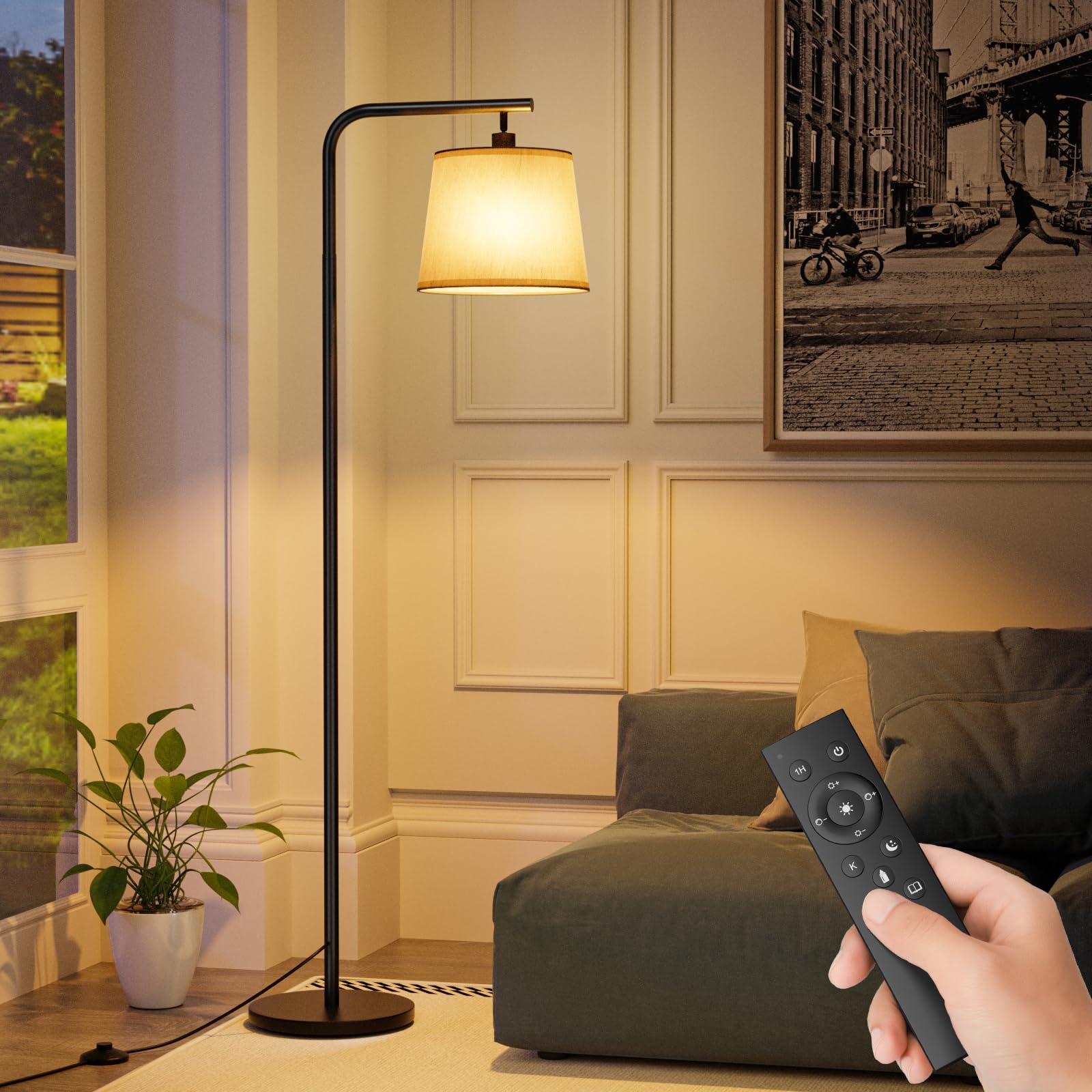 Lampara de Pie, Lamparas de Pie Para Salon con Control Remoto, Lámpara de Pie con Pantalla de Lino, Atenuación Continua, Bombilla Led E27, Para Sala de Estar, Dormitorio, Oficina
