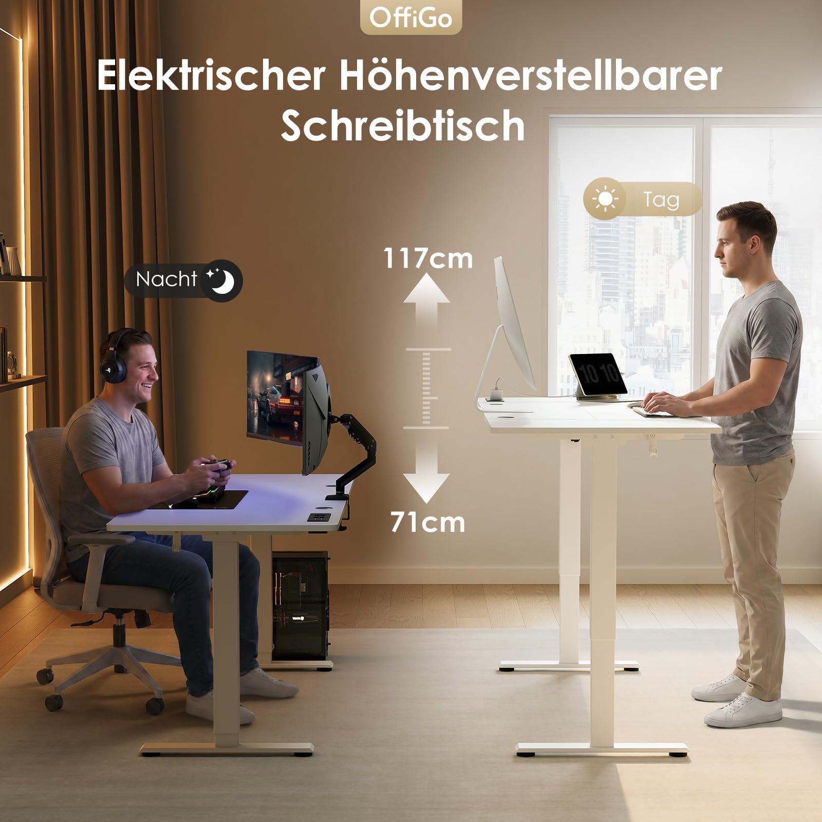 OffiGo Höhenverstellbarer Schreibtisch, 160x80cm Elektrischer Schreibtisch mit Steckdosen und USB Ladeanschluss, Tisch Höhenverstellbar mit 2 Memory Funktion, Computertisch für Büro, Zuhause, Weiß
