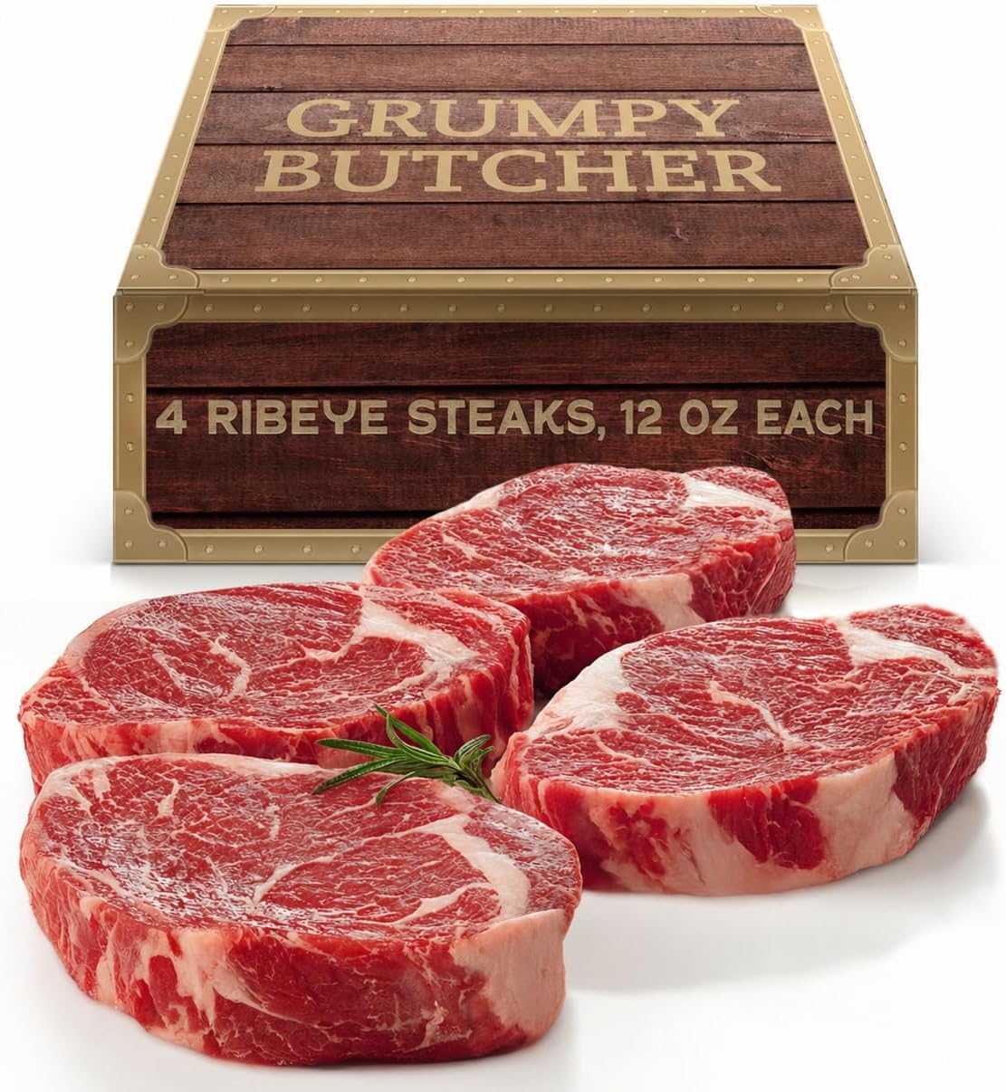 Grumpy Butcher Large Ribeye Steaks, 4 Pack (12 oz each) - Prime Steakhouse Beef Ribeye Steak Meat - Birthday Gifts for Men in Grumpy Butcher Meat Gift Packages Specials Option