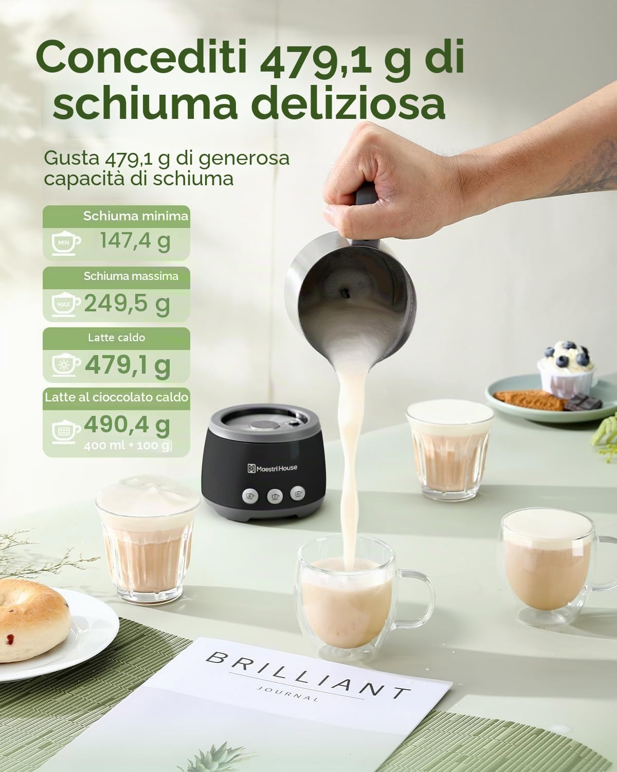 Maestri House Montalatte elettrico 4 in 1, 600 W, controllo Smart Touch per caldo e freddo, funzione di memoria per latte, cappuccino, latte caldo, cioccolata calda