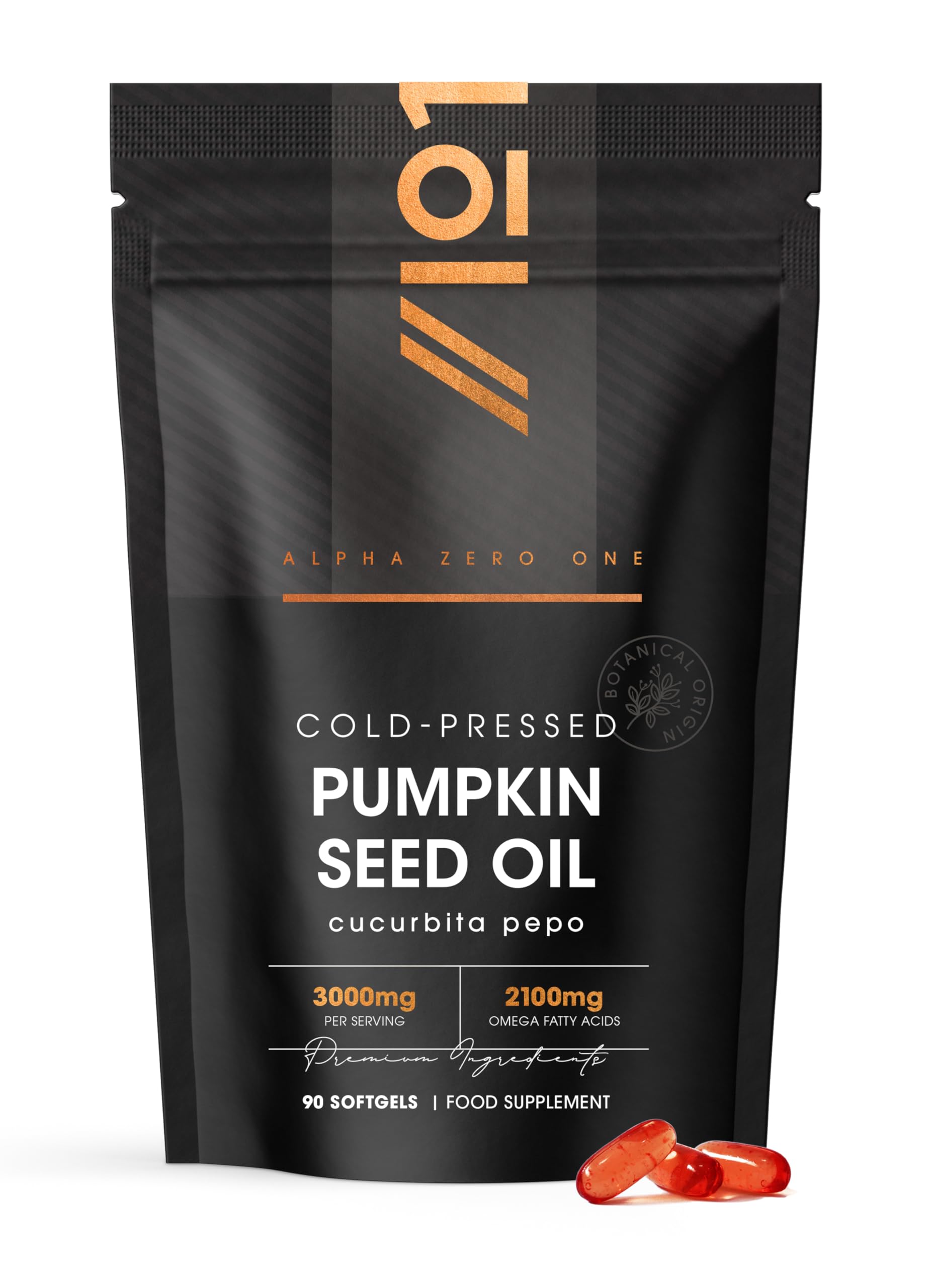Pumpkin Seed Oil 3000mg – 70% Linoleic & Oleic Acid – 90 Softgels – 100% Cold Pressed – No Additives – Resealable and Recyclable Pouch by Alpha01