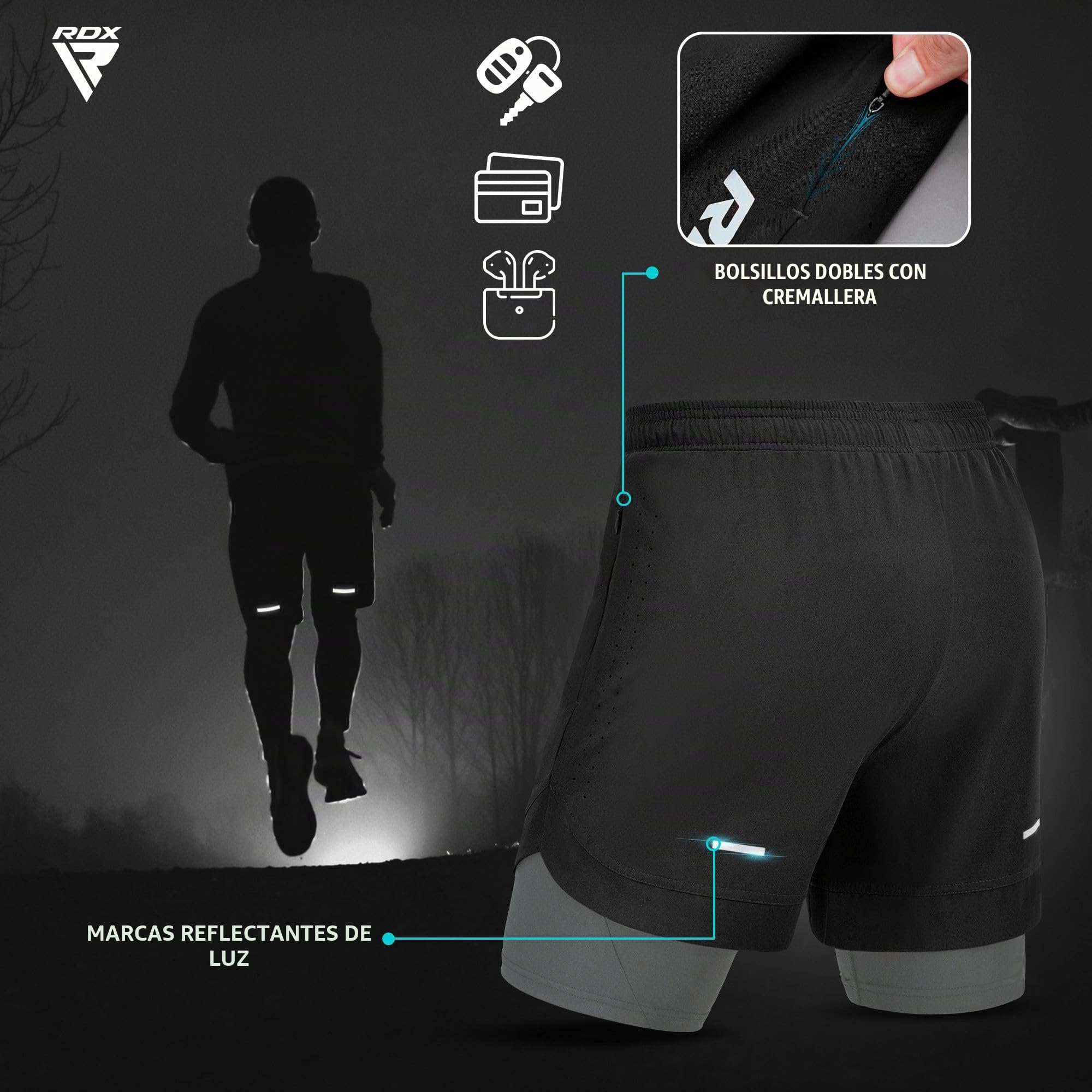 RDX Pantalones Cortos para Correr Hombre, Corto Deporte Compresión Transpirable con 2 Cremallera y 2 Bolsillos para Teléfono, De Secado Rápido Gym Verano Shorts para Entrenamiento, Trotar, Ciclismo