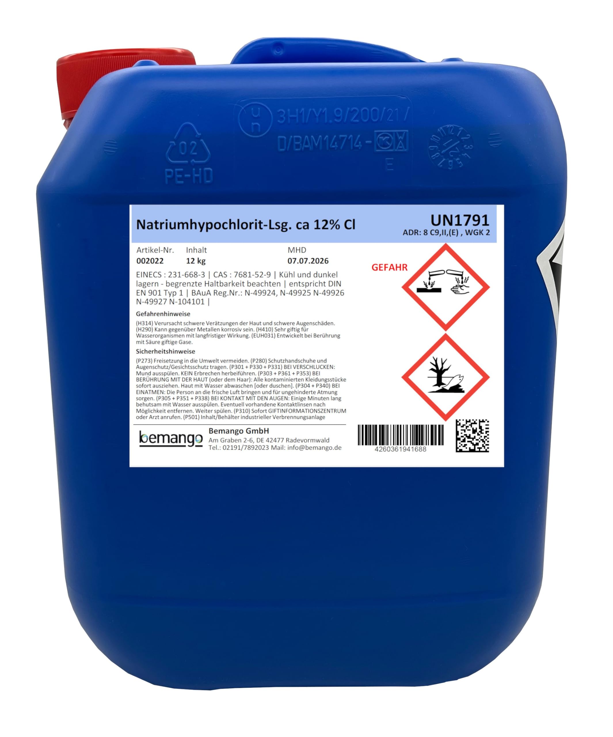 Chlorbleichlauge Natriumhypochloritlösung ca. 12%, 10 Liter | Flüssig, Trinkwasser und Pool Desinfektion, Keimabtötung, 12 kg Kanister, 1er Pack