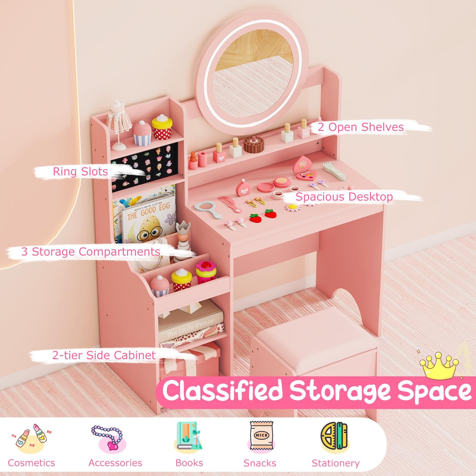 FANTASK Kinderschminktisch Set, Schminktisch Holz mit Spiegel, Regalen & gepolstertem Hocker, Frisiertisch mit Beleuchtung, Kosmetiktisch für Mädchen ab 3 Jahren (Rosa)