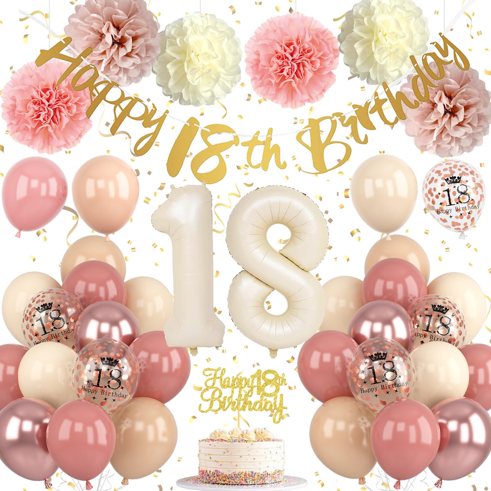 Froova 18th Birthday Decorations for Girl Retro Blush Pink Birthday Balloons Happy 18th Banner Cake Topper Pom Poms Dusty Rose Gold Number 18 Balloon