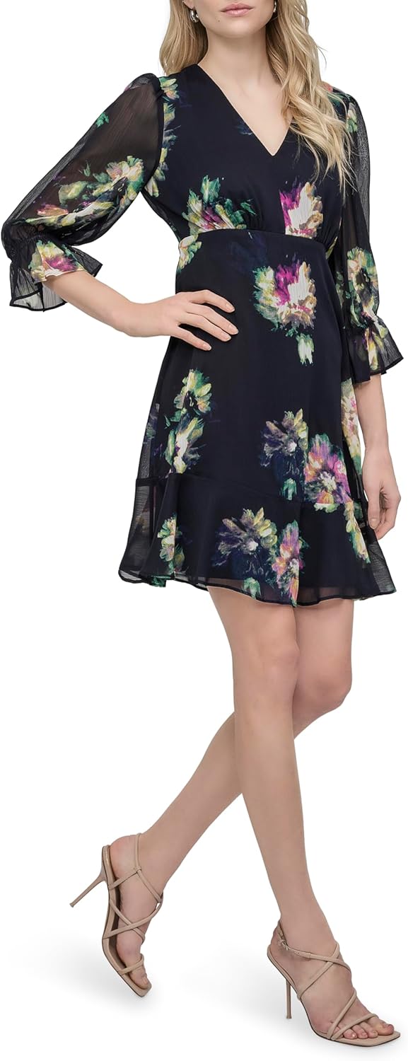 DKNY Women's V-Neck Balloon Sleeve with Ruffle Hem - Image 3