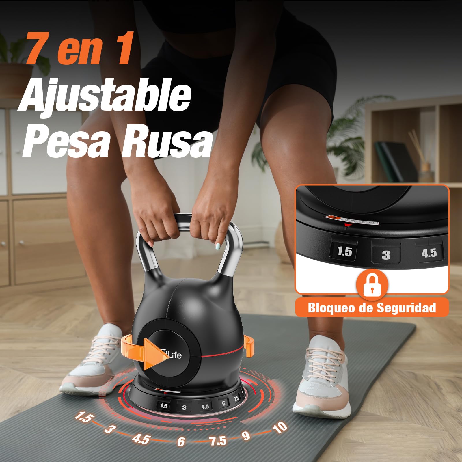 DH FitLife Pesa Rusa Ajustable 7 en 1 (1,5-10kg), Kettlebell con 7 Niveles de Peso, Mancuerna Kettlebell para Entrenamiento de Fuerza, Pesas para Casa y Gimnasio, Compacta y Ahorra Espacio