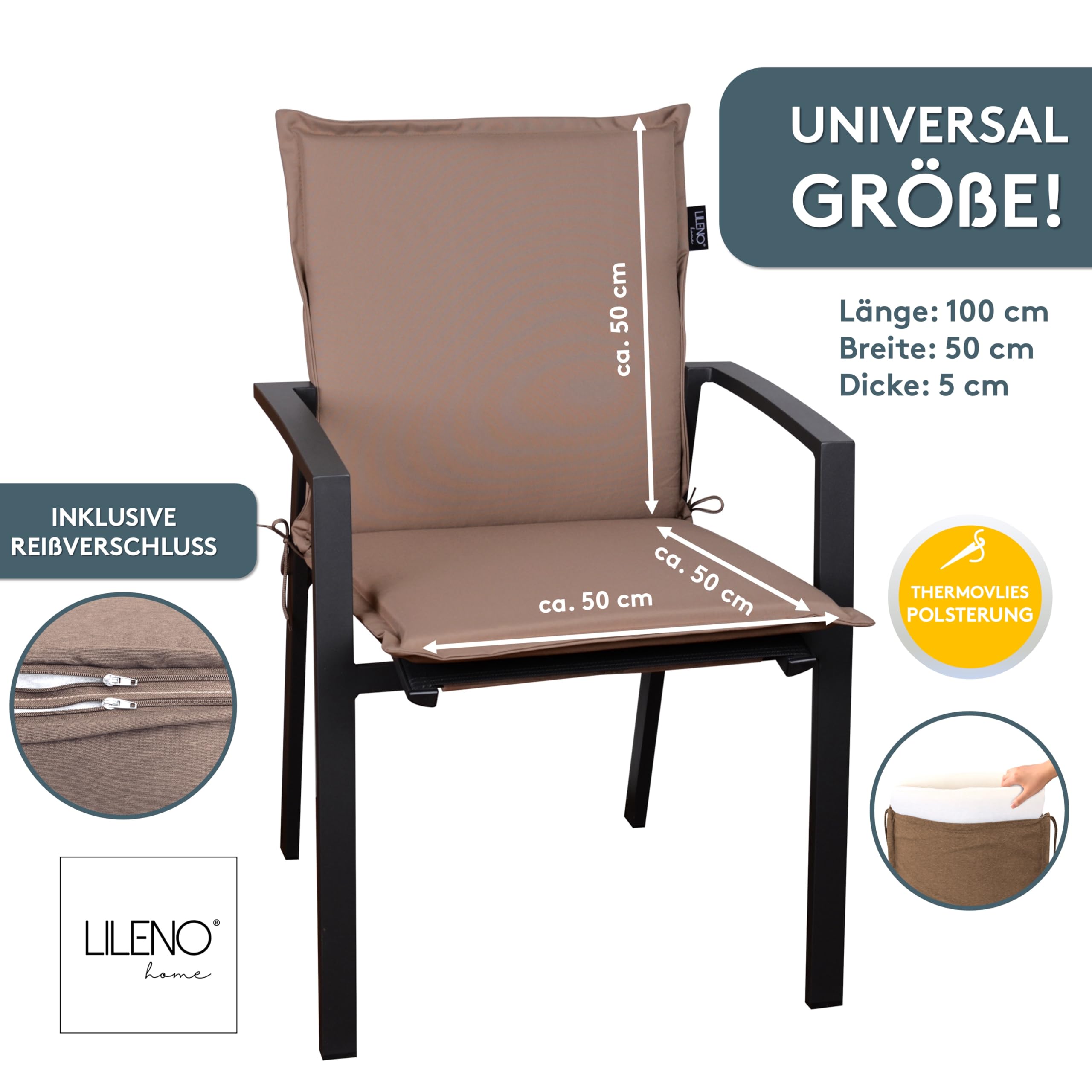 LILENO HOME MIA - Juego de 2 cojines para silla de jardín con respaldo bajo, color topo, cómodas tumbonas para muebles de jardín, cojines de silla para sillas de jardín y sillas plegables