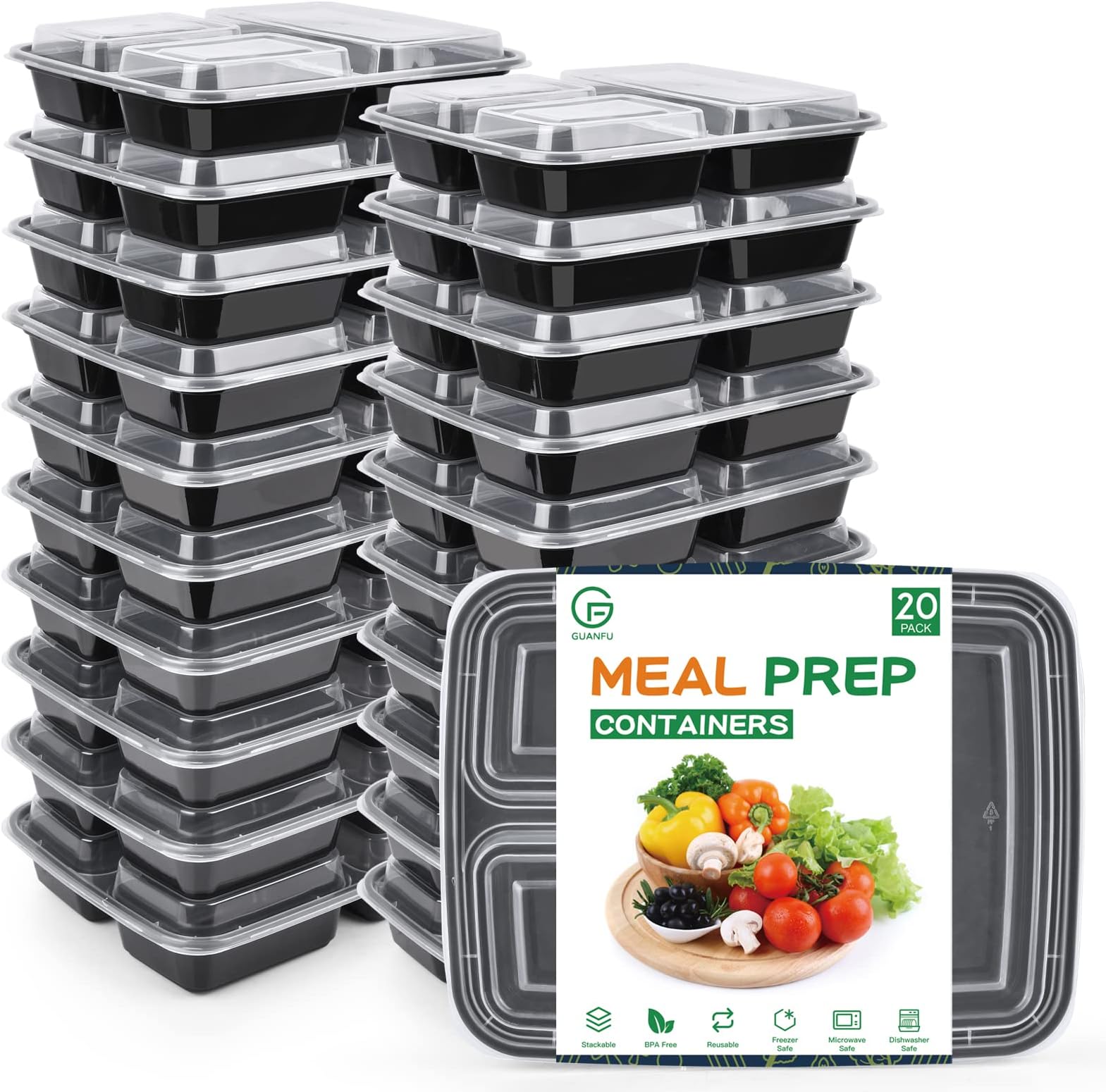 GUANFU [20 Pack] 34oz Meal Prep Container 3 Compartment, Reusable BPA Free Plastic Food Prep Containers with Airtight Lids, Microwave, Freezer & Dishwasher Safe Disposable Bento Boxes