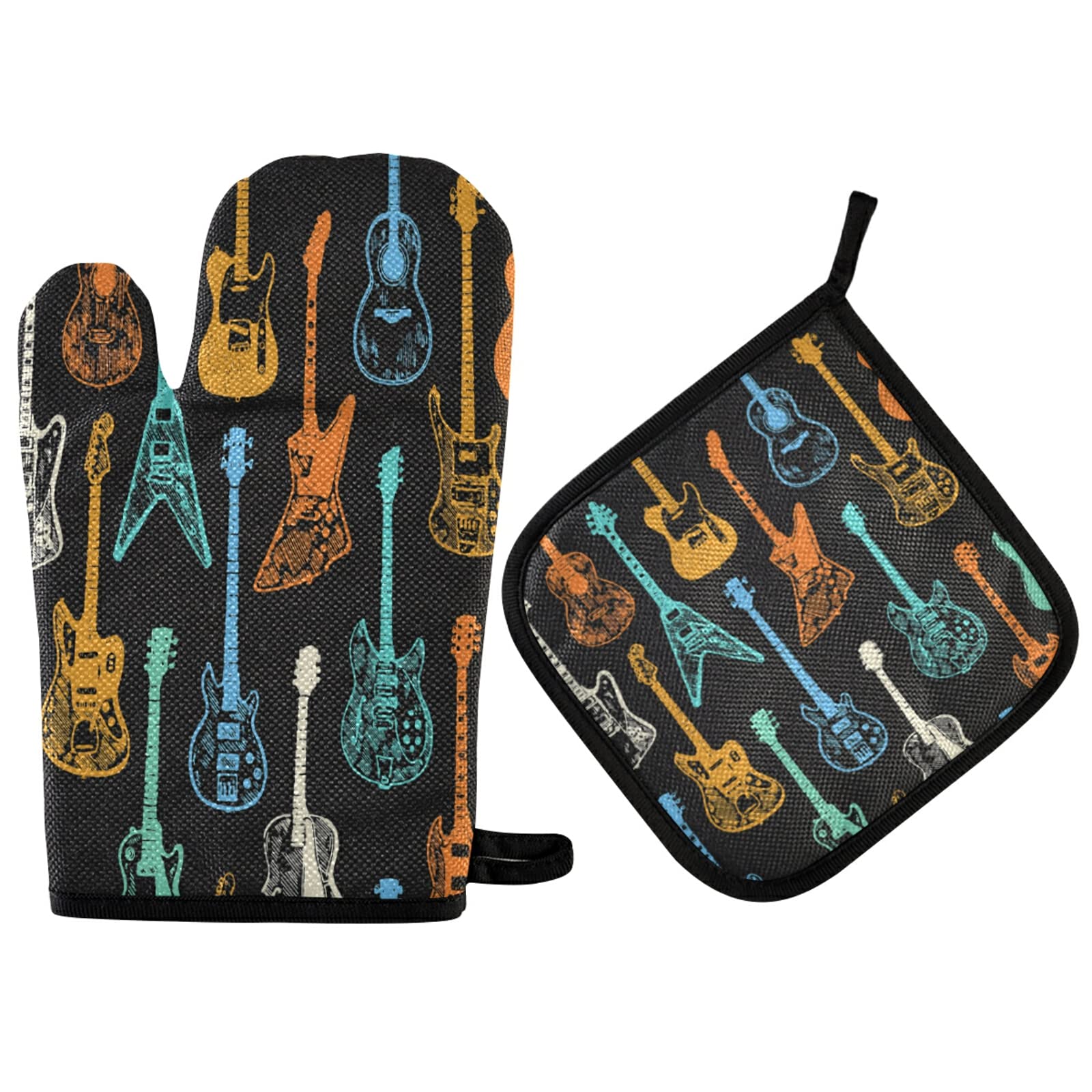 ZZXXB Retro Guitar Oven Mitts and Pot Holders Set of 2 Heat Resistant Non-Slip Kitchen Gloves for Cooking Baking Barbecue Grilling
