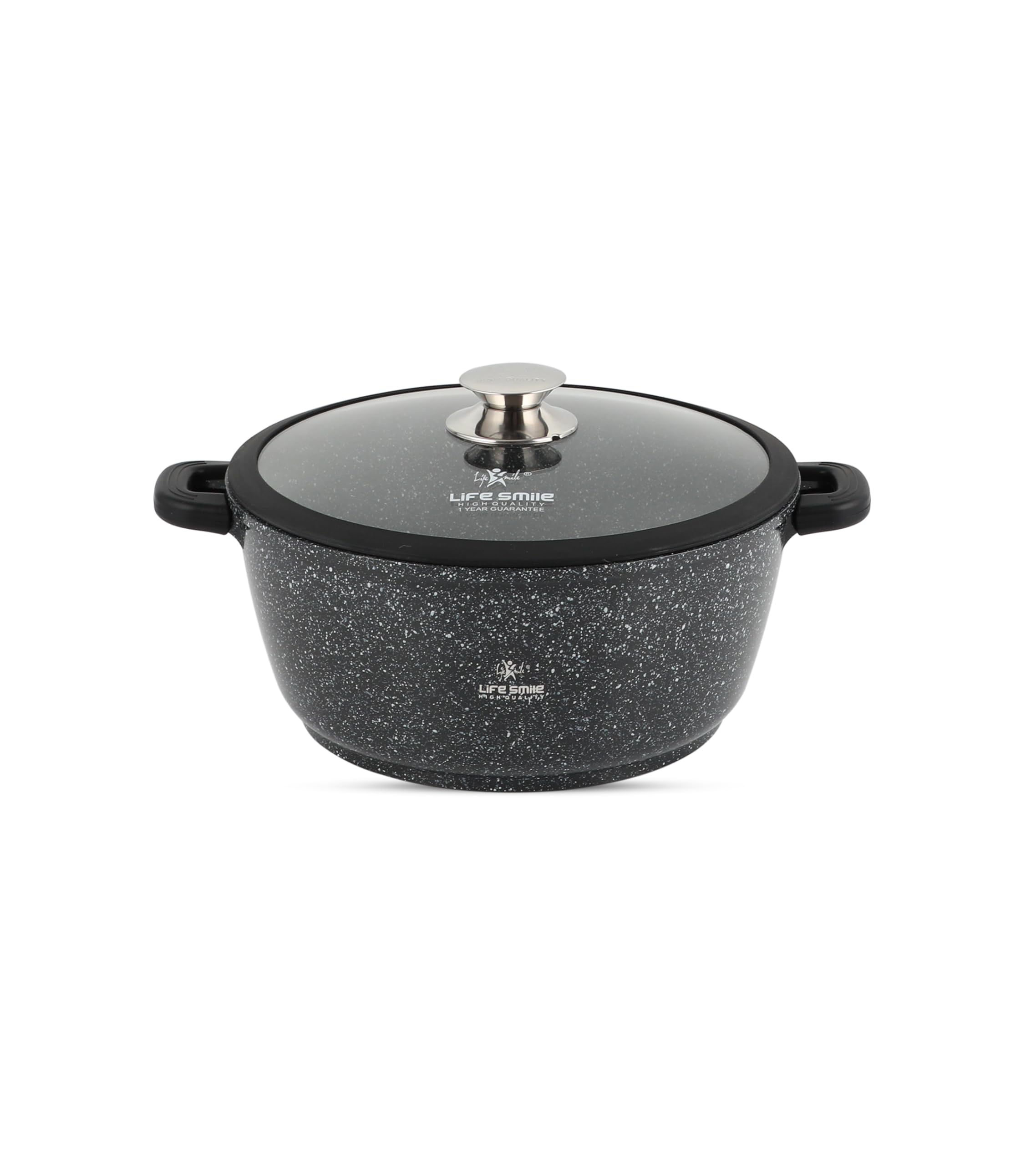 LIFE SMILE Cooking Pot - Multi Layer Non Stick Granite Coating 100% PFOA Free - Glass Lid With Silicone Rim - Detachable Silicone Handles - oven safe (Black, 32CM (9.5 Liters))