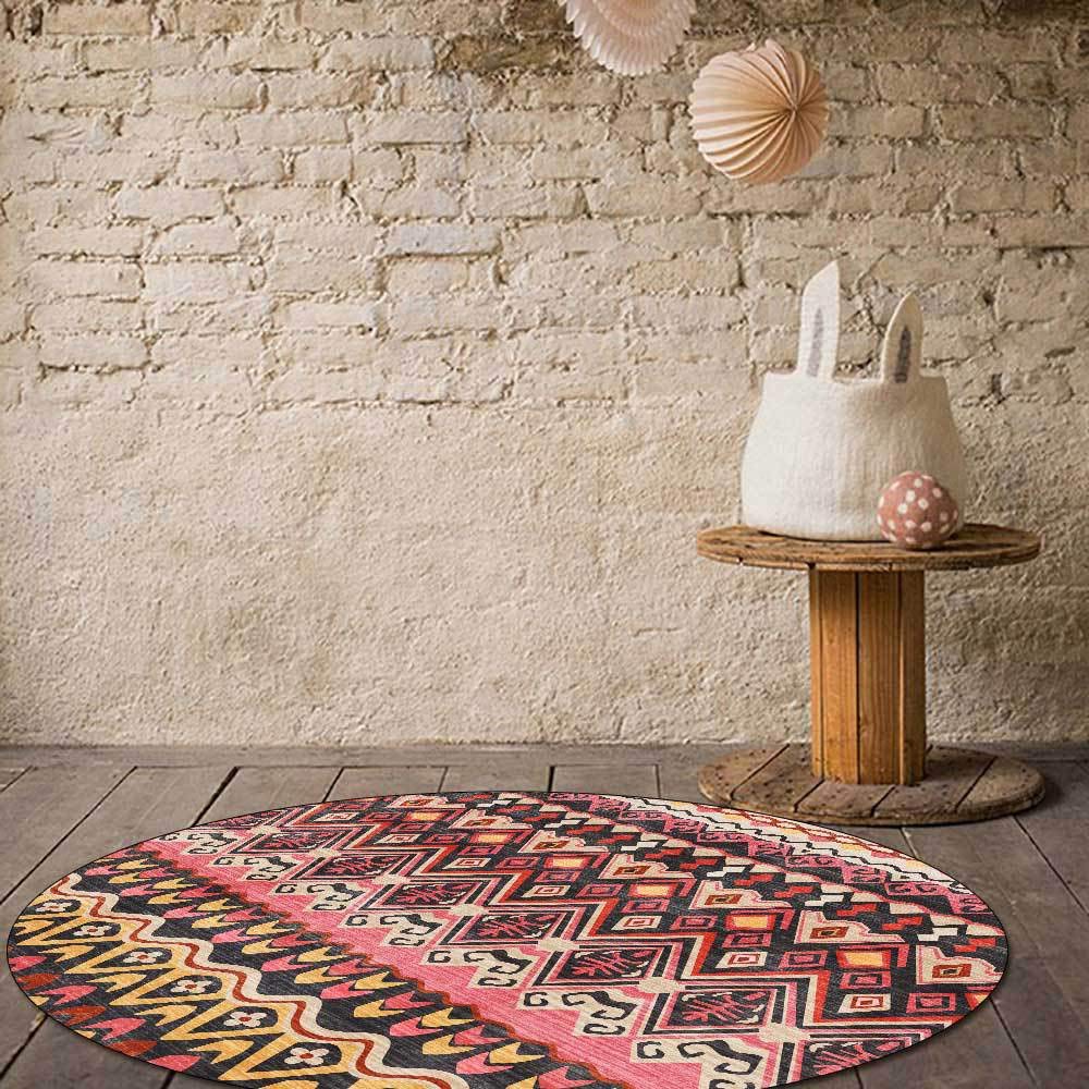 Tapis rond grand salon Ø180cm style ethnique géométrique rouge clair à poil ras et antidérapant