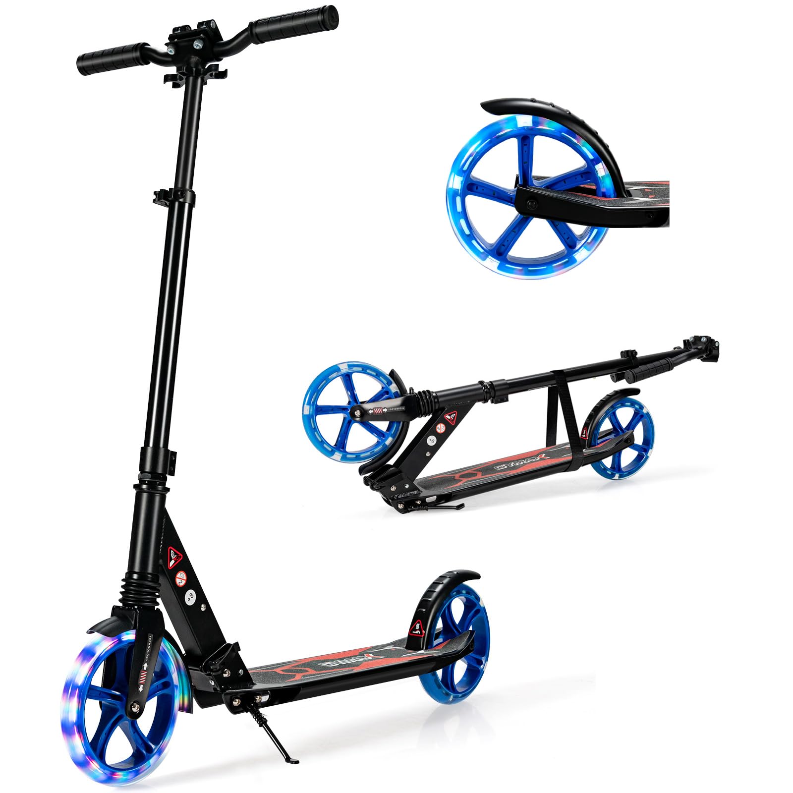 GYMAX Foldable Kick Scooter, Height Adjustable City Scooter with Light Up Wheels, Shock-Absorbing System, Non-Slip Deck & Rear Brake, Lightweight Scooters for Kids Adults and Teens (Black)