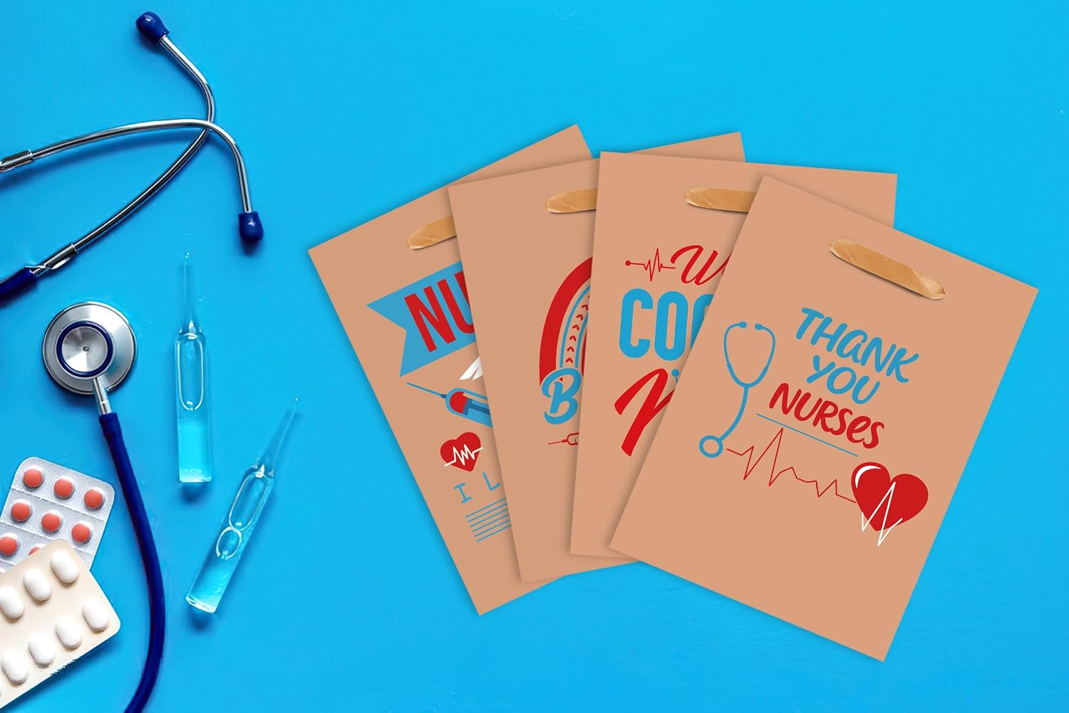 Ranfashion 24 Packs Nurses Week Kraft Gift Bags with Tissue Paper Bulk Thank You Appreciation Goodie Bags for Healthcare Workers, Nursing Day, Graduates Medical Party Supplies
