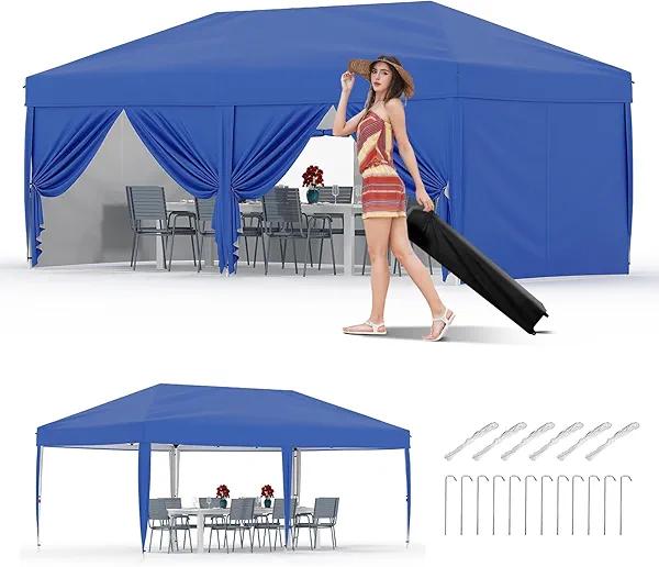 10x20 Pop Up Canopy Tent with 6 Sidewalls, Heavy Duty Outdoor Canopy UPF 50+ All Season Waterproof Commercial Street Vendors Party Tents with Roller Bag, 8 Stakes & 6 Sandbags, Blue