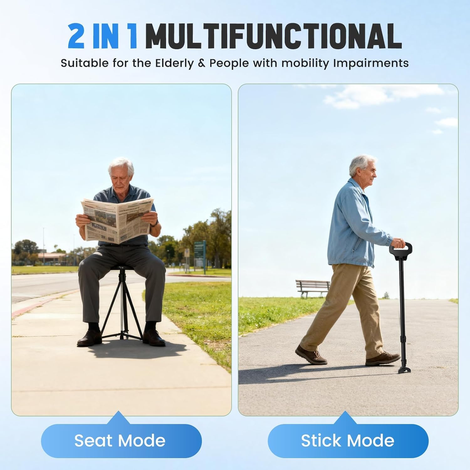 Bastón plegable con asiento, taburete ligero ajustable con bolsa de transporte para ancianos y adultos