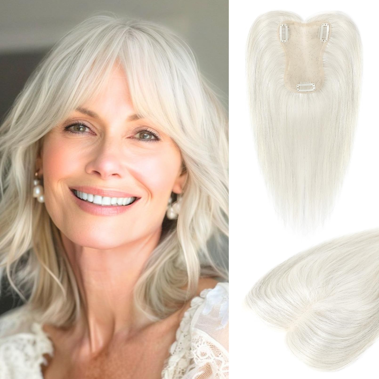 LONAI Real Human Hair Topper, 10 Inch 100% Human Hair Toppers for Thinning Hair, Large Hand-woven area Coverage Natural Hairpiece Wiglet for Women Daily 5"x3.5" Silk Base-Silver White