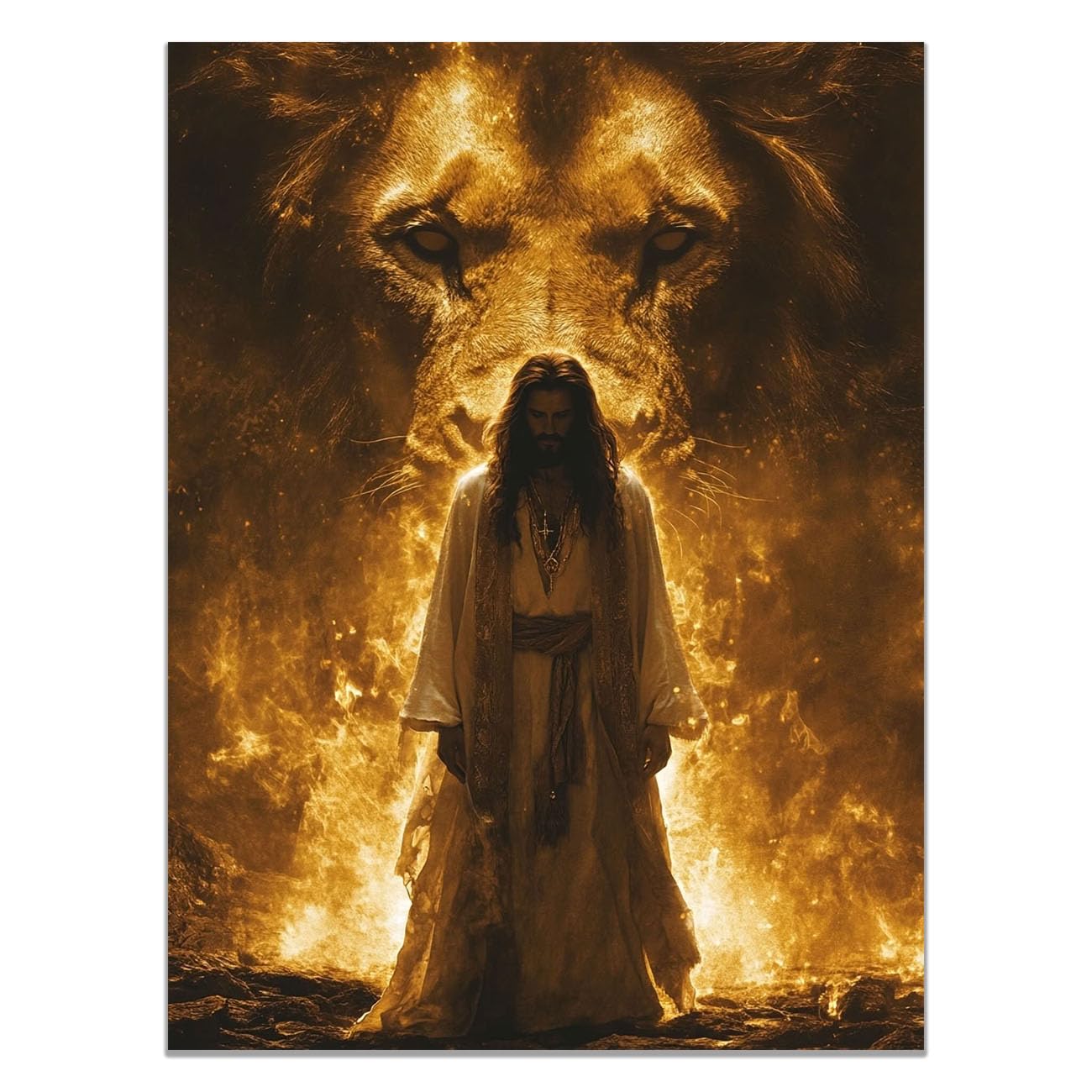 QUSAAOU Canvas Wall Art Jesus Abstract Christ with Animals icture Christianity Cross Poster Print Painting for Living Room Bedroom Prayer Room Home Decorate(yellow)-70x100cm Unframed