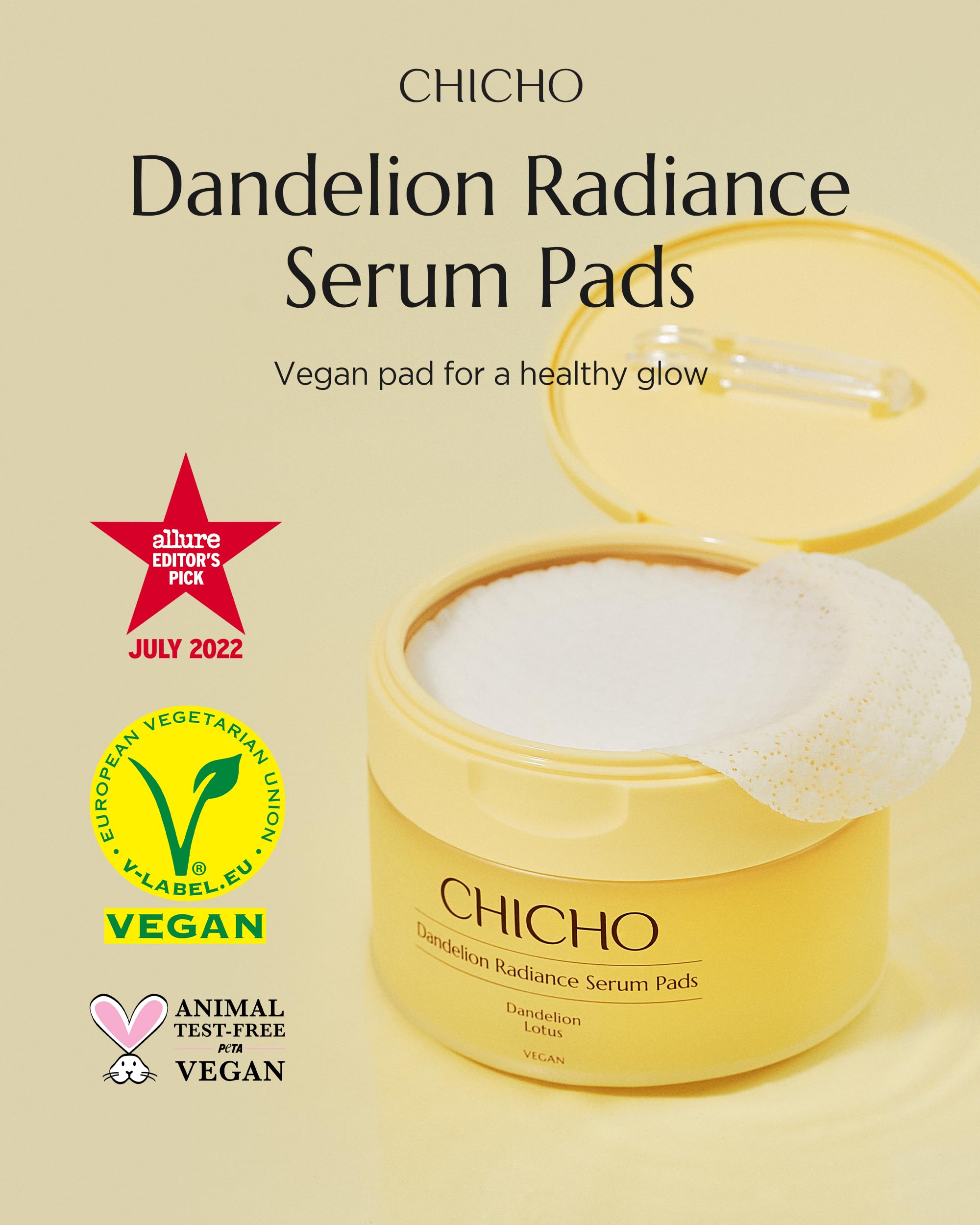 CHICHO Dandelion Radiance Serum Pads (90 Pads) - Jumbo 8cm Quick Mask Toner Pads - 80,2% Löwenzahn Biom + Lotus, Vegan pH 5.2, Empfindliche Haut