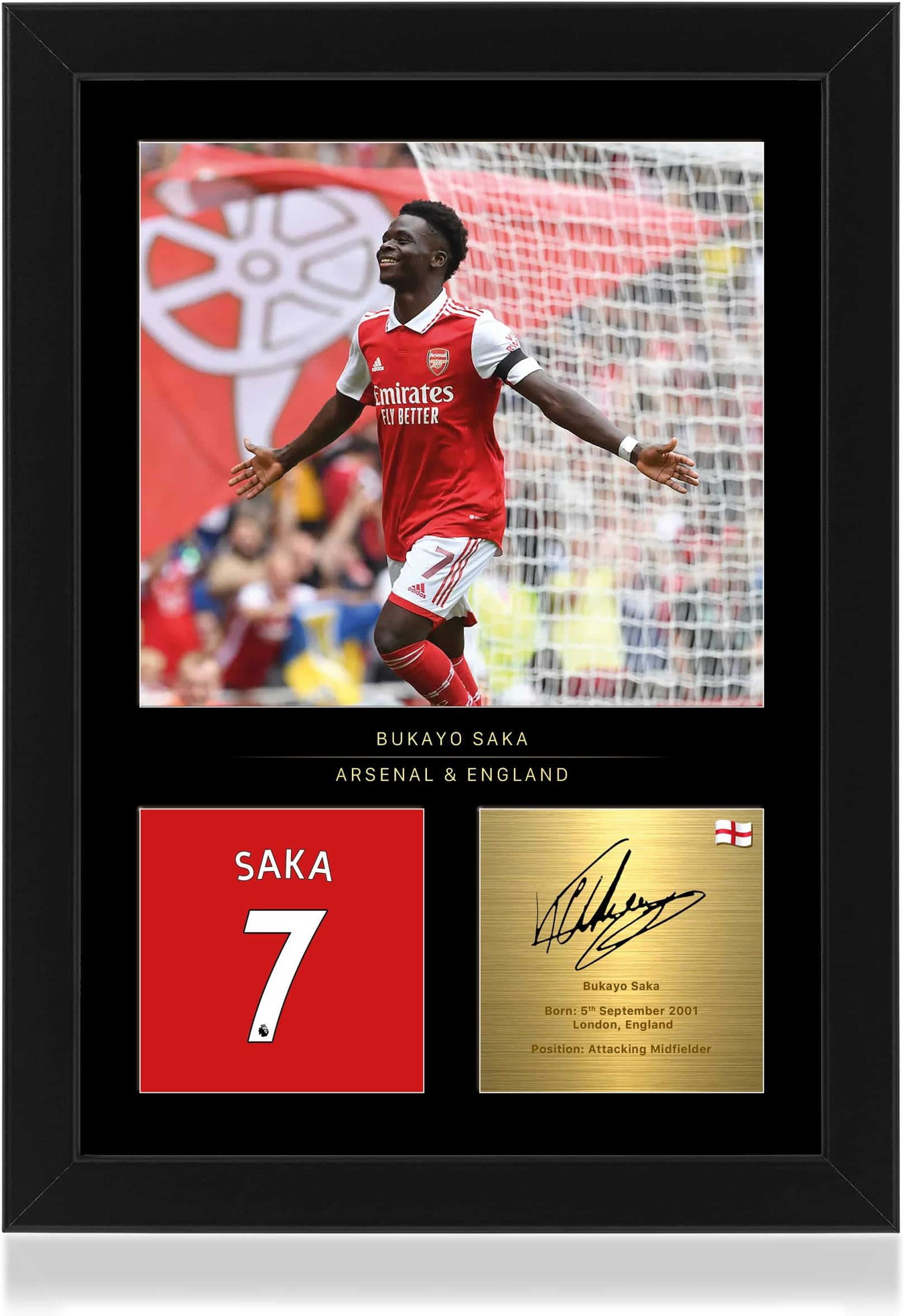 Bukayo Saka Signed A4 Framed Photo Display - Reproduced Digital Signature - Gift For Arsenal FC Fans