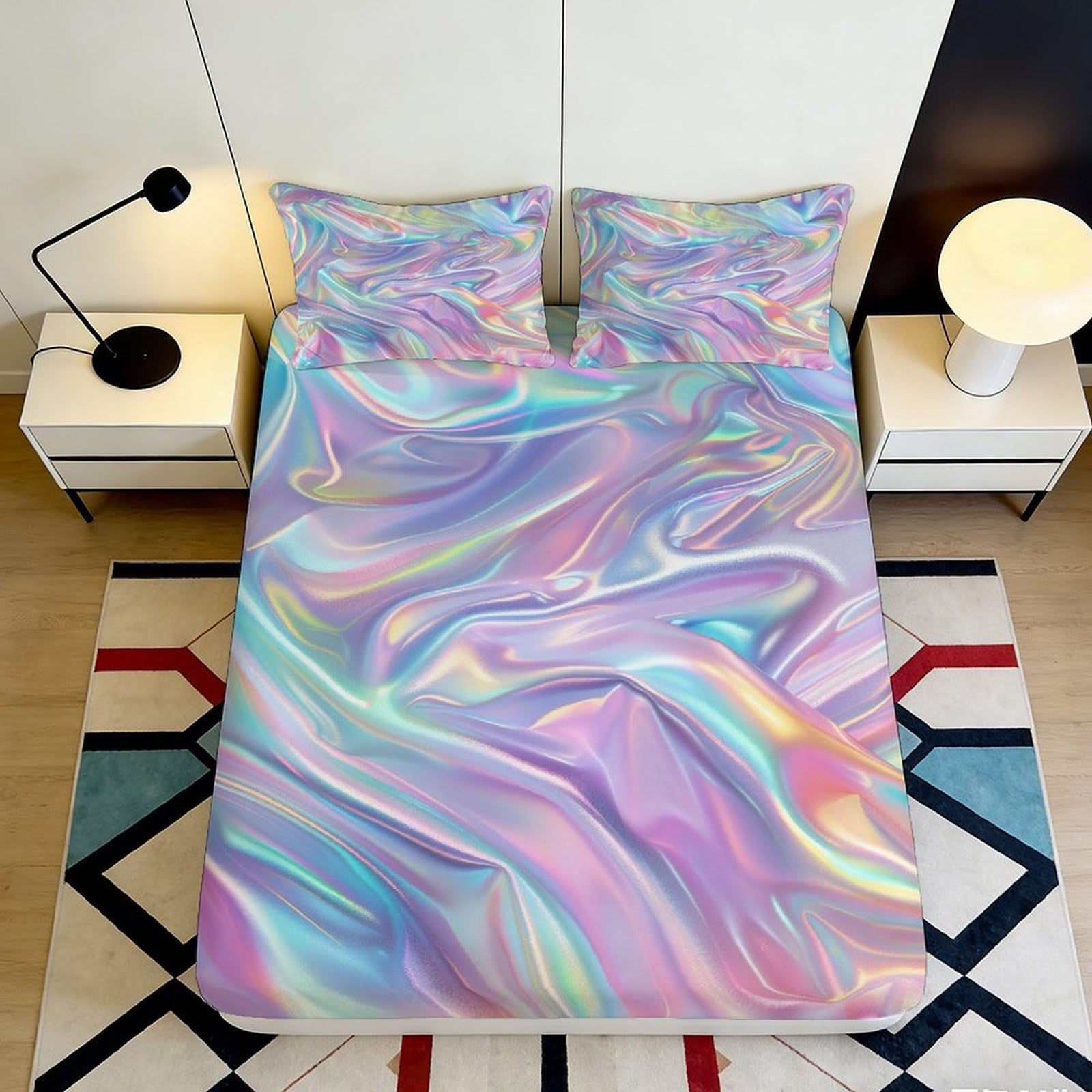 3D Printed Iridescent Marble Fitted Sheet Microfiber Soft Pastel Swirl Bed Cover for Bedroom Dorm Mattress Decor 90x200x25cm