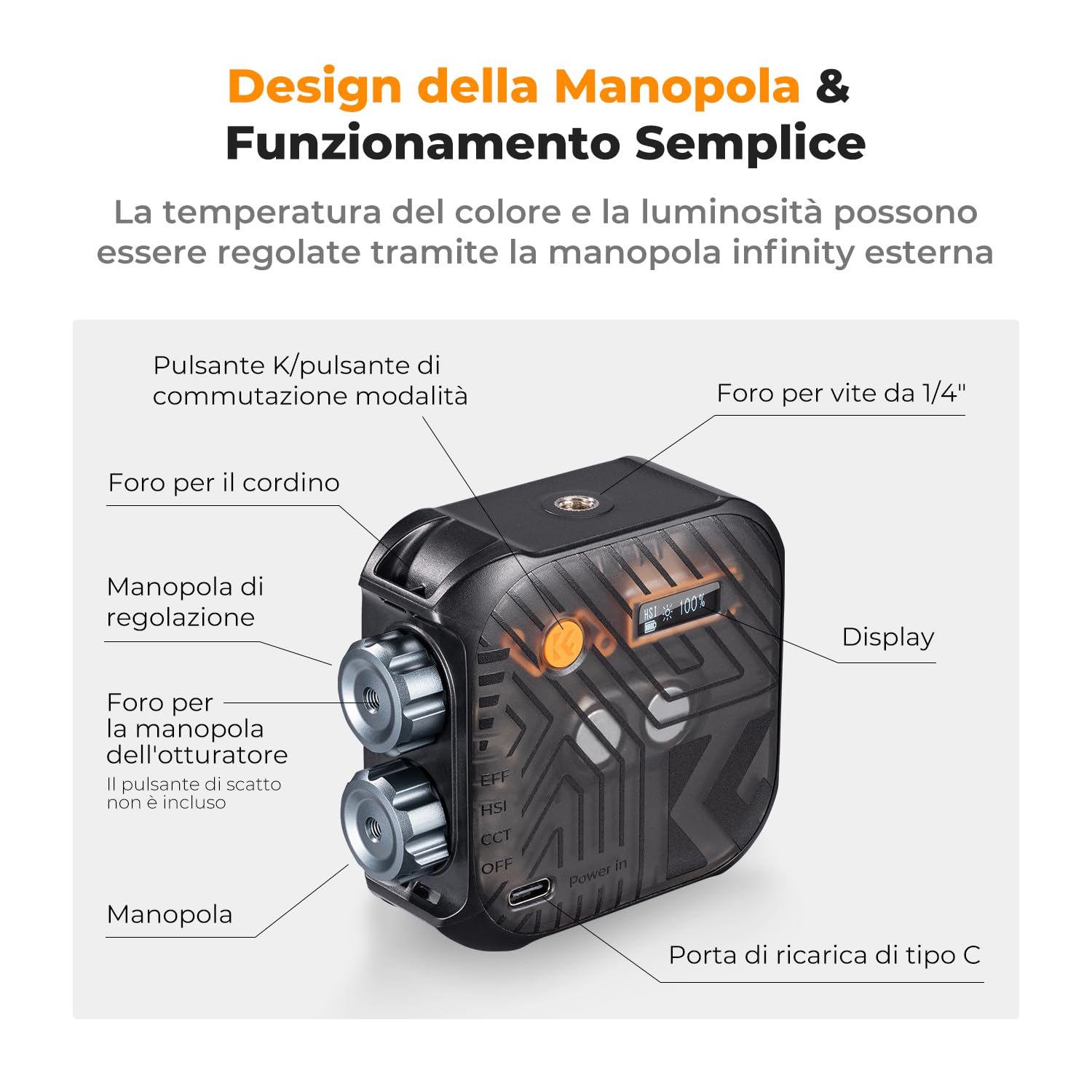K&F CONCEPT Luce video RGB, Luce Fotografica Portatile a Colori a 360°, 21 Effetti Luminosi, 2500K-9900K CRI 96+, per Vlogging, selfie, Fotografia di oggetti, Nero