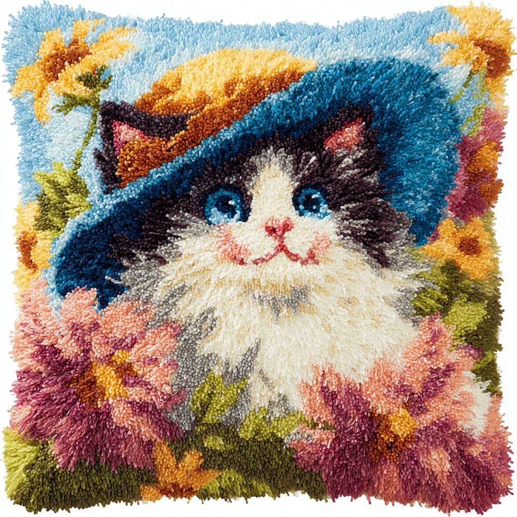 Henypt Latch Hook Kits-E Latch Hook Pillow Case Embroidery Kits, Cats And Flowers