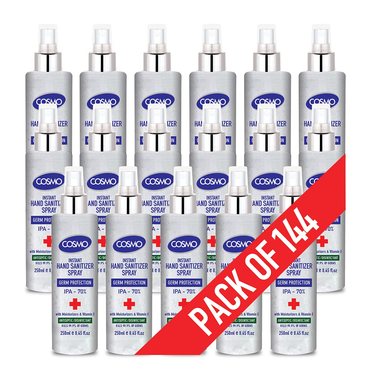 Cosmo Hand Sanitizer Spray - 250ml - Pack of 144-70% IPA - Advance Formula - Antiseptic & Disinfectant Sprays – Moisturizer - Vitamin E - Antivirus - Kill 99.9% Bacteria - Sanitiser