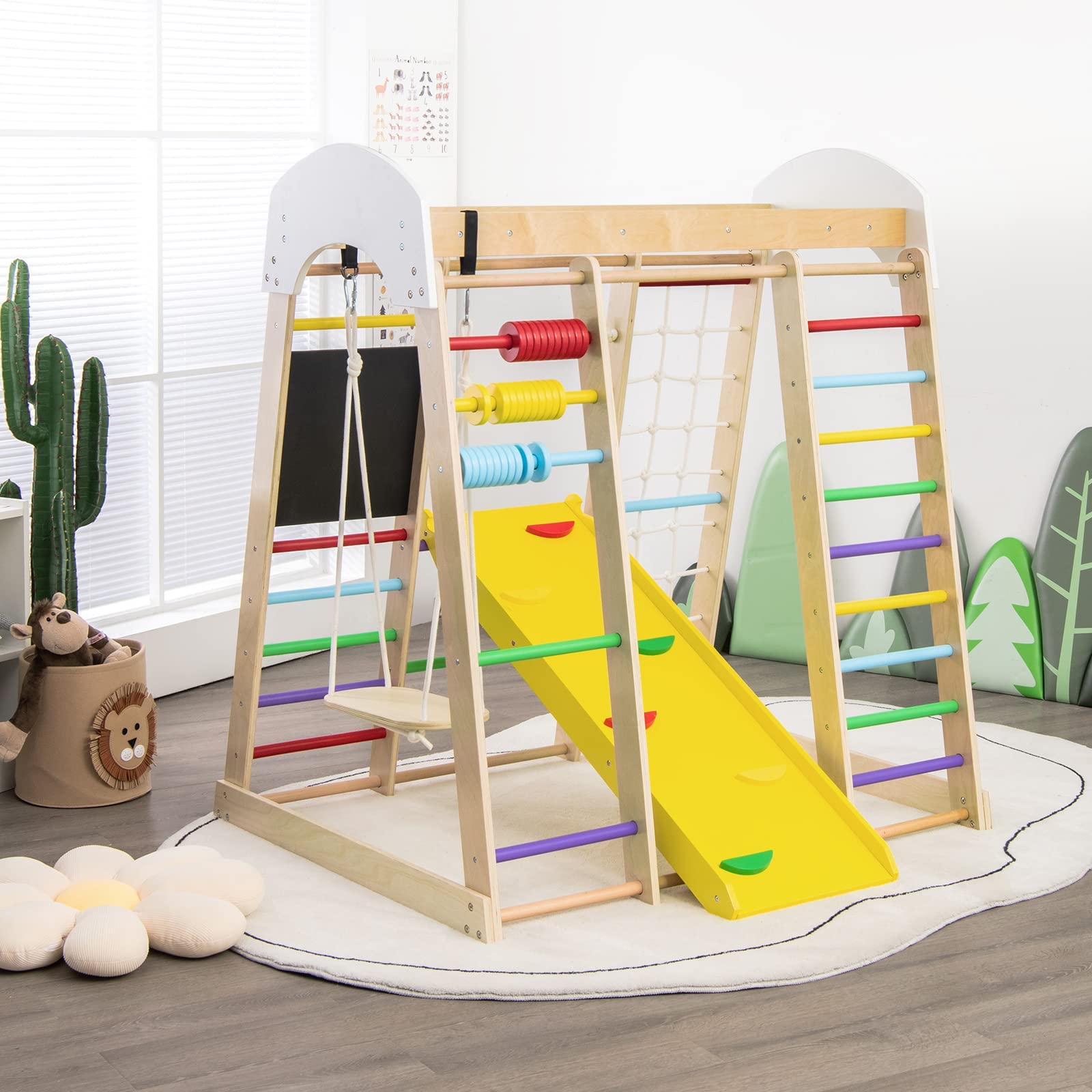 RELAX4LIFE 8 in 1 Triangolo da Arrampicata Multifunzione, Parco Giochi in legno Massello con Scivolo, Altalena e Lavagna, Uso Interno, per Bambini 1 a 5 anni (Modello 3 Colorato)