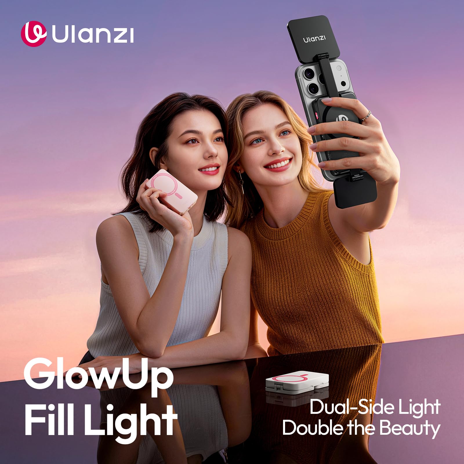 ULANZI GL01 Luz de Relleno Magnética 2026, Luz LED Magnética para Selfie para Móvil con Dos Paneles LED Cuadrados, Temperatura de Color 2500-6500 K, Compatible con iPhone 17, 16, 15 y Samsung