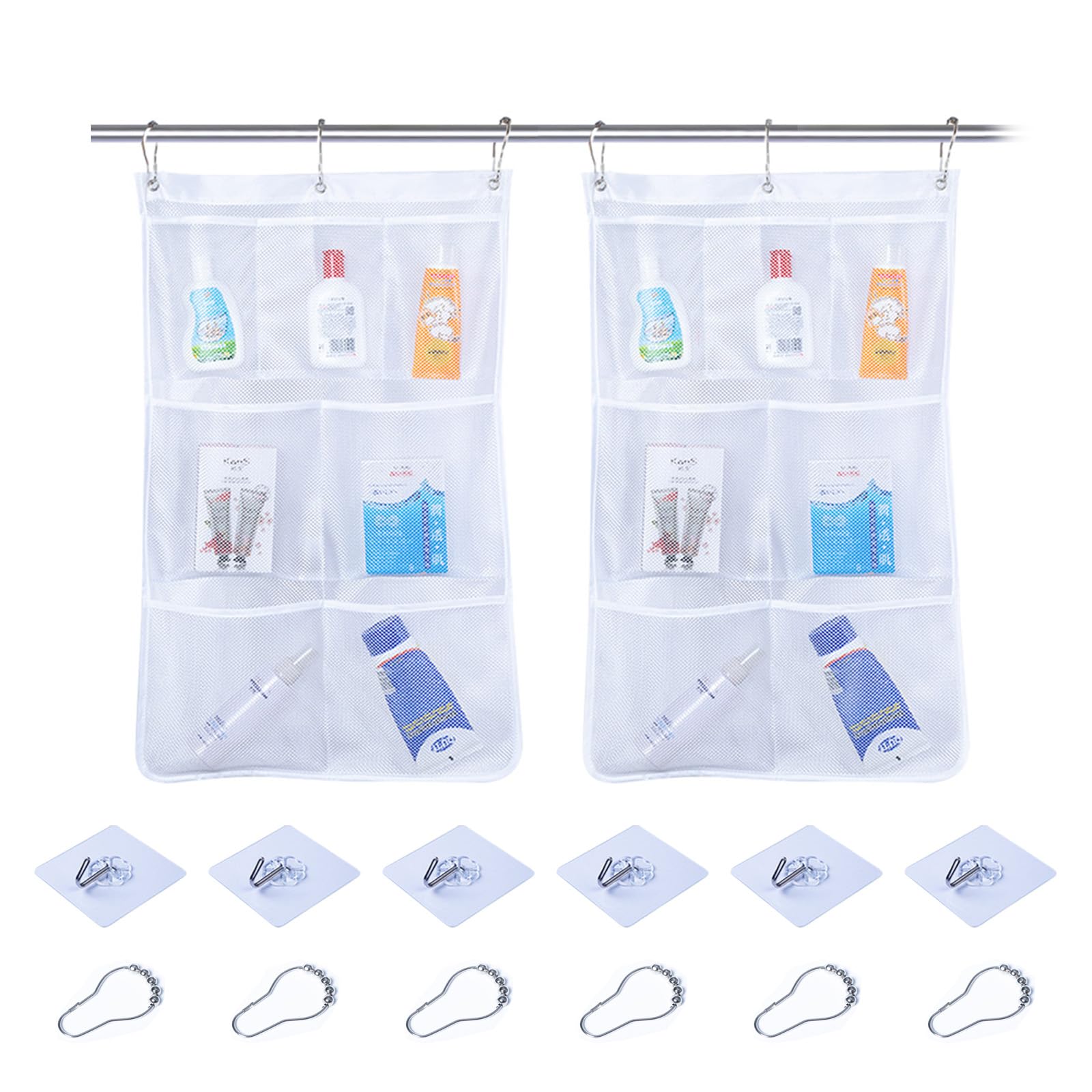 2 Pcs Mesh Shower Organizer Hanging Caddy 7 Pockets Shower Caddy with Quick Drying Mesh Bathroom Organizer Bag