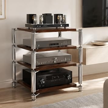 4-Tier AV Media Stand, Heavy Duty Audio Rack with Shock-Absorbing Foot pegs, Open Design av Stand, Multi-Layer Stereo Equipment Rack for Home, Office, Theater Walnut, 4-Tiers
