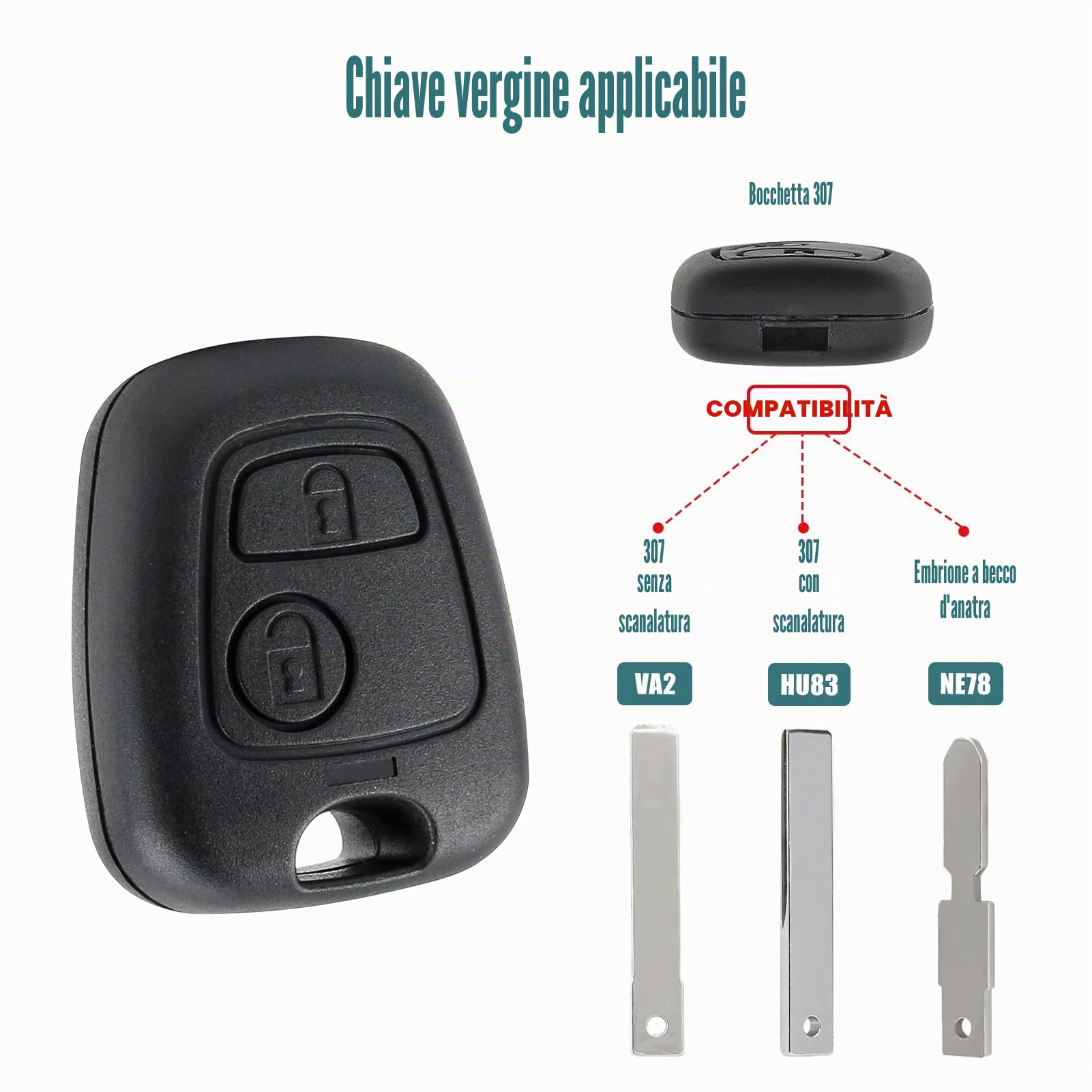 Guscio Chiave per Peugeot 2 Tasti, Cover Chiave Guscio Telecomando Compatibile con Peugeot 106, 107, 206, 207, 208, 407, 806, Citroen C1, C2, C3, C4, C5, Guscio di Ricambio + Due Micro Pulsanti