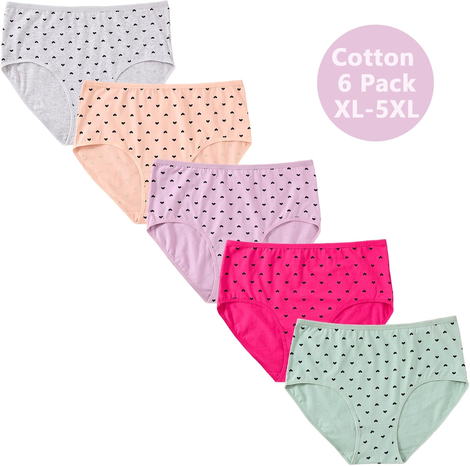 Women's Plus Size Cotton Underwear XL-5XL Ladies Panties Briefs 5 Pack Heart Print Undies for Women - Image 3