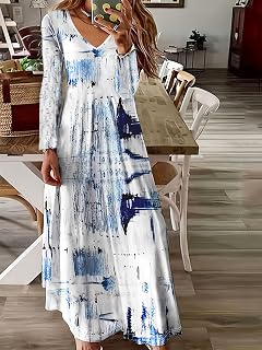 Womens Long Sleeve Dress Vacation V Neck Floral Boho Fall Wedding Guest Dresses 2025