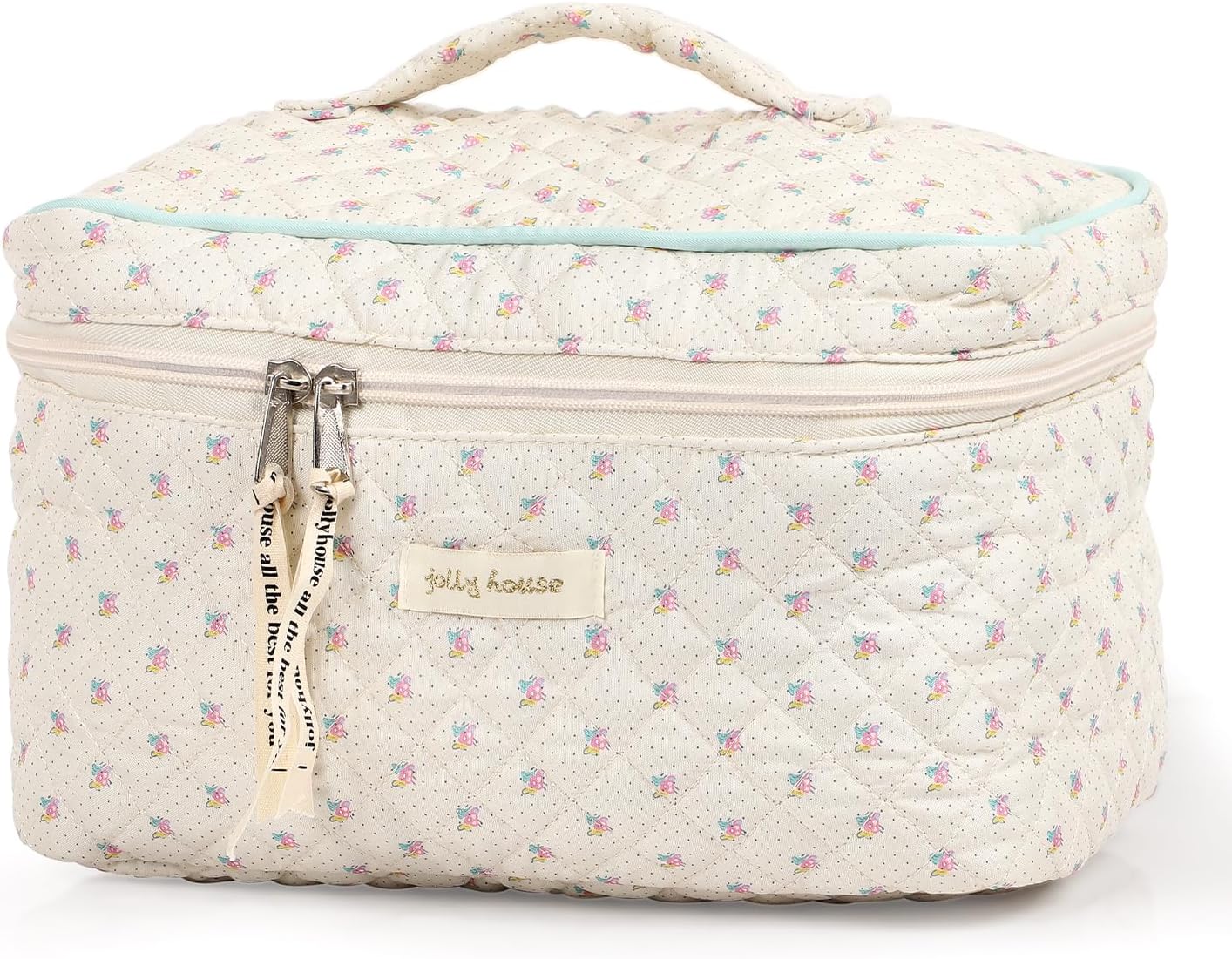 Cotton Makeup Bag, Quilted Cosmetic Bag with Handle Large Capacity Travel Toiletry Bag for Women Cute Aesthetic Floral Makeup Bag (Beige)