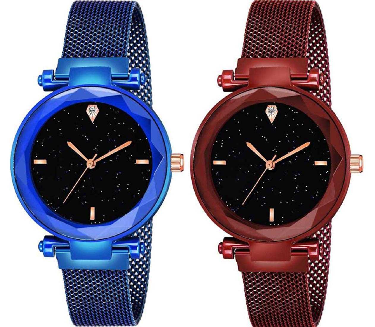 Acnos® Premium 4 Point Blue and Red Color with Trending Magnetic Analogue Metal Strap Watches for Girls and Womens Pack of - 2(P-170-210) (B08964DXPM) Amazon Price History, Amazon Price Tracker