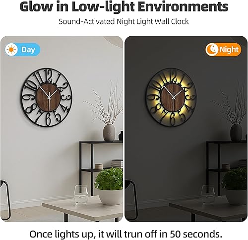 Miniatura 2 de Reloj de pared ultra silencioso de 24 pulgadas con luz nocturna, reloj de pared decorativo que brilla en la oscuridad, funciona con pilas, relojes