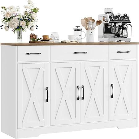 HOSTACK Buffet Cabinet with Drawers, 55" Large Sideboard Buffet Storage Cabinet with Shelves and Doors, Modern Farmhouse Coffee Bar Station Wood Kitchen Table for Kitchen, Dining Room, White/Rust...