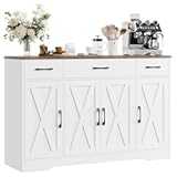 HOSTACK Buffet Cabinet with Drawers&comma; 55" Large Sideboard Buffet Storage Cabinet with Shelves and Doors&comma; Modern Farmhouse Coffee Bar Station Wood Kitchen Table for Kitchen&comma; Dining Room&comma; White&sol;Rustic