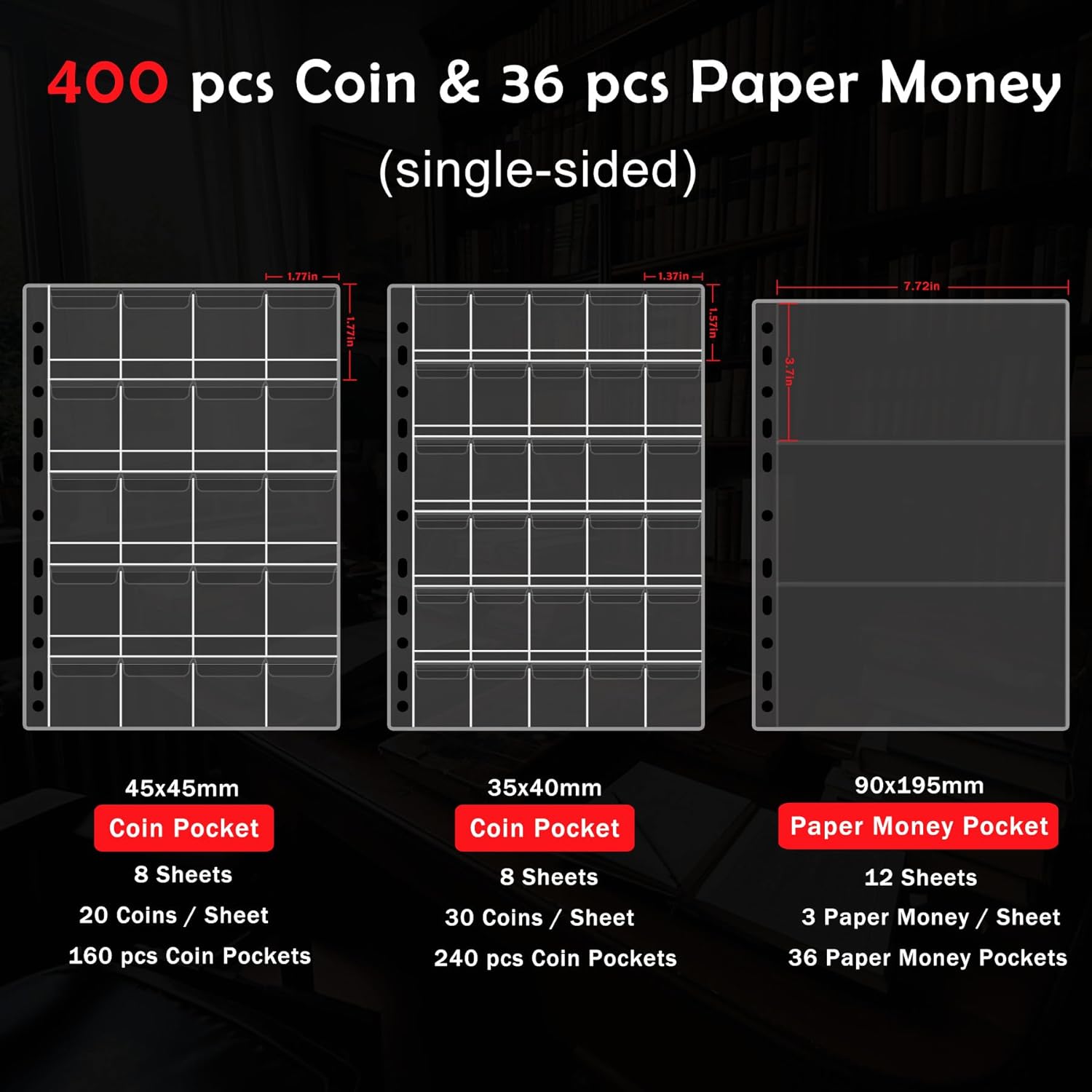 Fireproof Coin Collection Book Holder for Collectors,400 Pockets Fireproof Coin Holder Book & 36 Paper Currency Binder Sleeves, Coin Storage Collecting Organizer for Pennies,Bill,Tokens,Badges