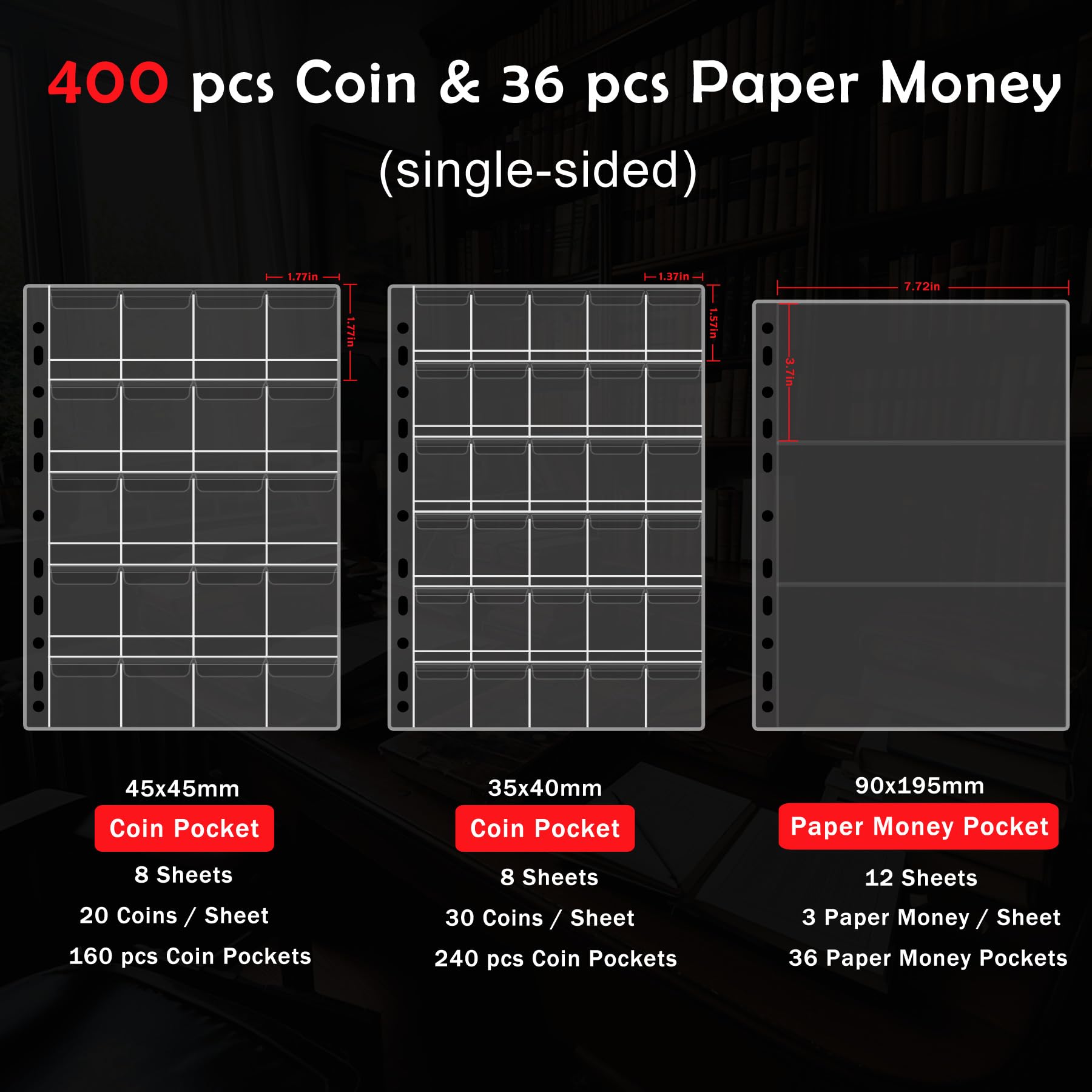 Fireproof Coin Collection Book Holder for Collectors,400 Pockets Fireproof Coin Holder Book & 36 Paper Currency Binder Sleeves, Coin Storage Collecting Organizer for Pennies,Bill,Tokens,Badges
