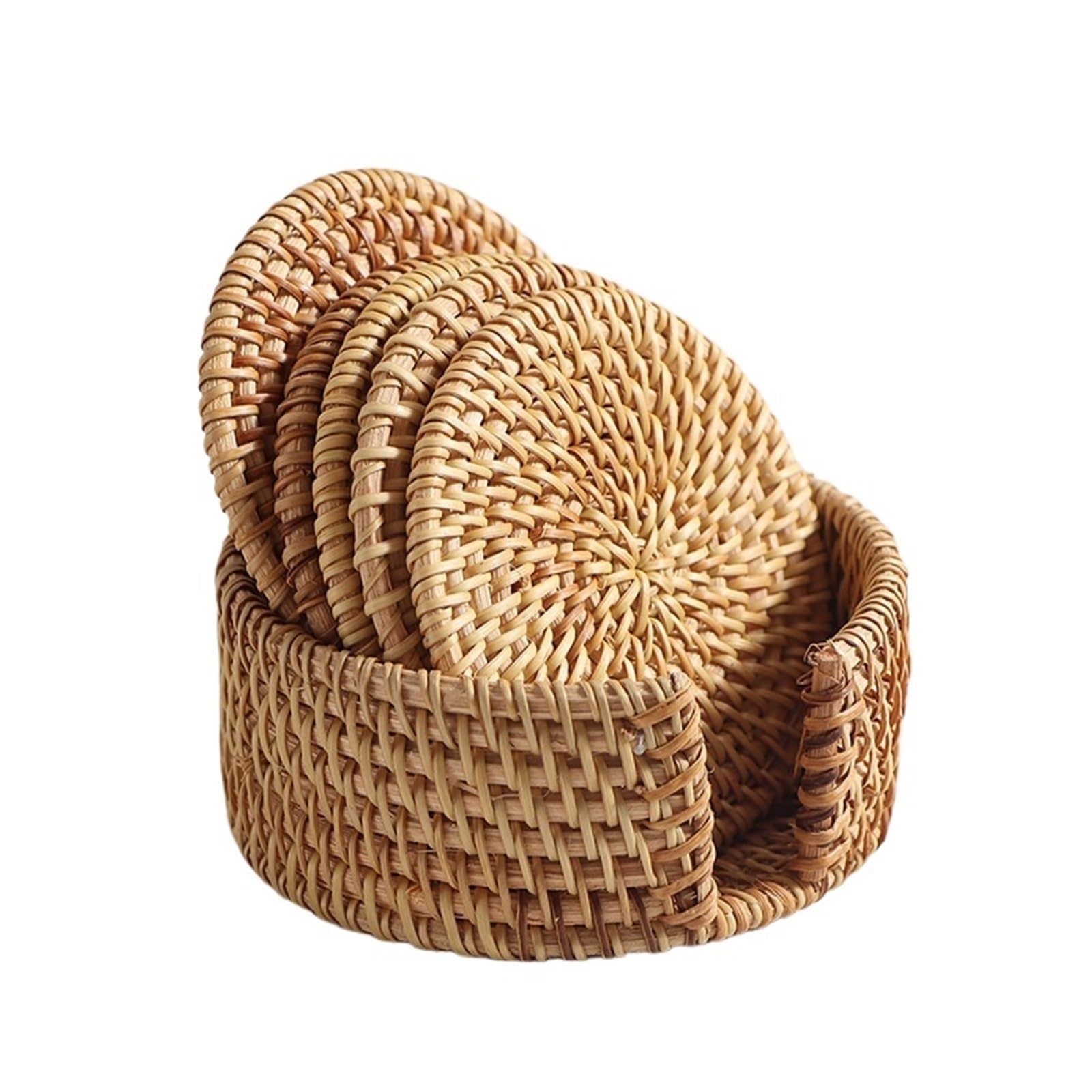 6 Pcs Rattan Coaster Table Woven Cup Drink Mug Pot Tea Coffee Placemat Handmade Kitchen Accessories For Drinks Home(M)