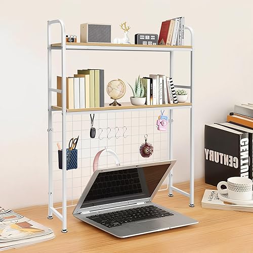 Miniatura 4 de TrueyEssence Estantería de escritorio para computadora de 2 niveles, estantería de encimera con rejilla de almacenamiento de metal para escritorio