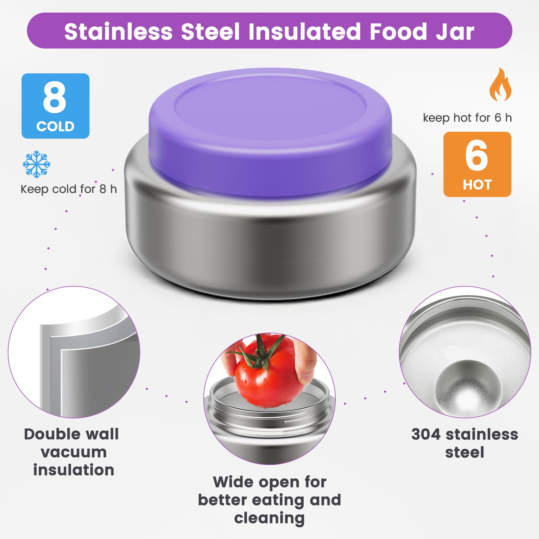 Fiambrera de Acero Inoxidable Adulto Niño con 200ml Termo para Comida, Bento Box para Niños con 3 Compartimentos y Recipiente para Salsas, Lunch Box para Oficina, Colegio y Picnic, sin BPA, Morado