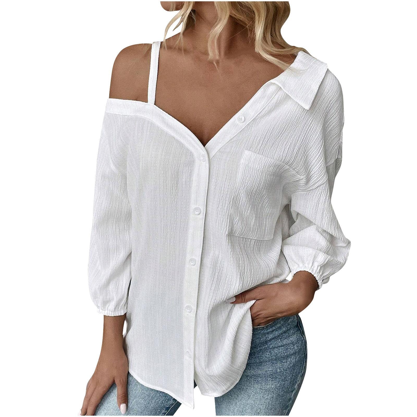 Women's Button Down Shirts Casual Summer Cold Shoulder Blouse Collared 3/4 Sleeve Oversized Tunic Tops with Pockets