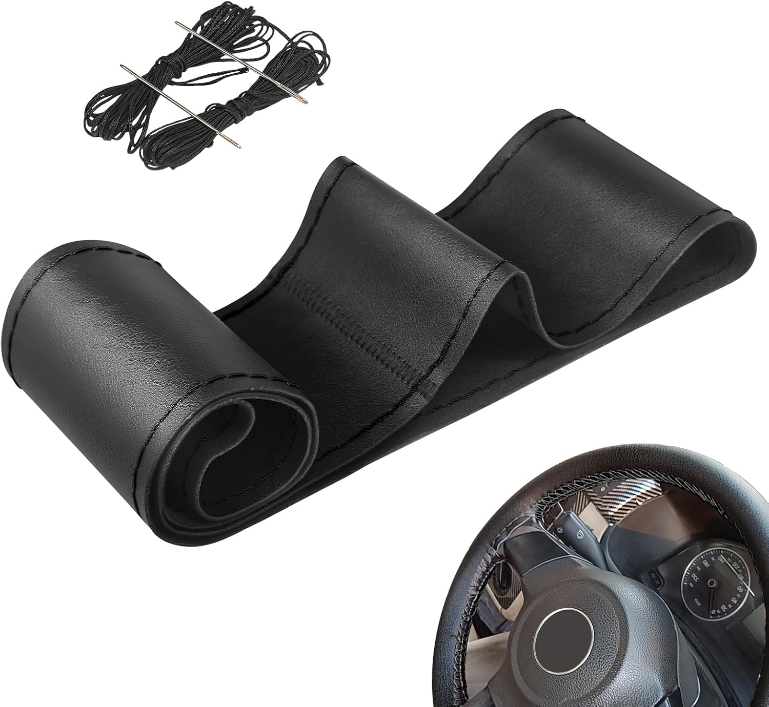 Genuine Leather Steering Wheel Cover, DIY Stitch On Wrap with Needle & Thread, Breathable Non-Slip Universal 15 Inch Steering Wheel Protector, Car Interior Accessories (Black)