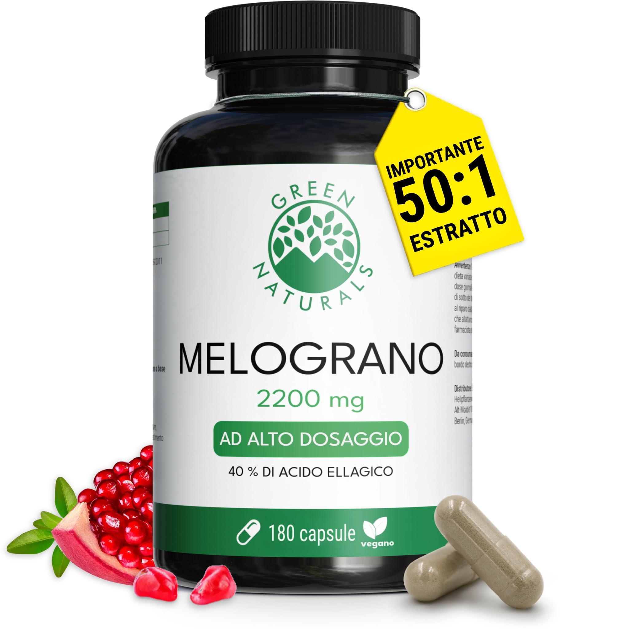 Capsule di melograno - IMPORTANTE: Estratto 50:1 (=110.000 mg) per dose giornaliera con il 40% di acido ellagico - Produzione tedesca - 2 mesi di fornitura - Green Naturals®
