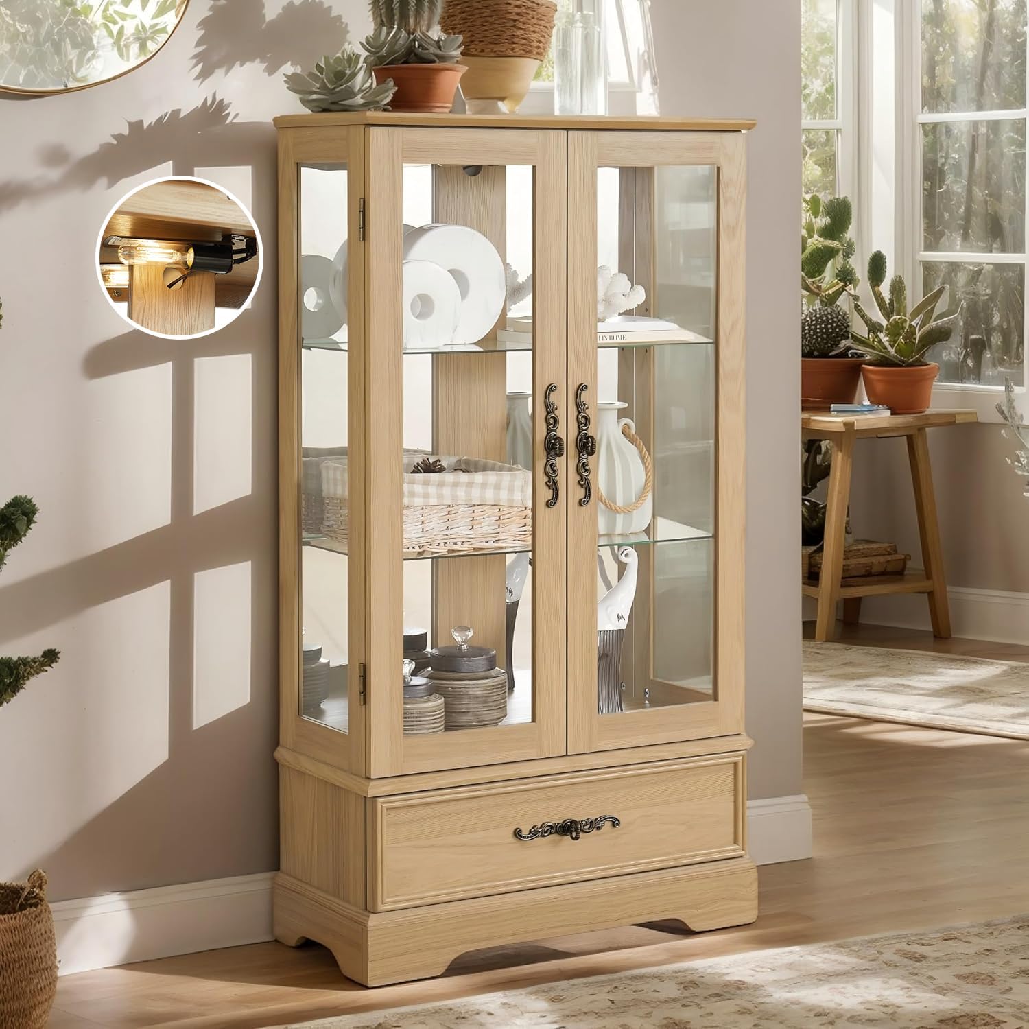 47" Lighted Glass Accent Curio Cabinet, 3-Tier Antique Storage Cage with Adjustable Shelves & Drawer, Acrylic Mirrored Pane, Light Blub Included, Small China Cabinet for Living Room (Light Oak)